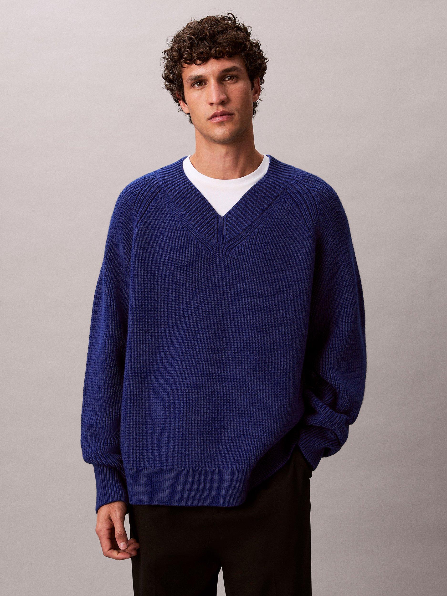 Product image 1 of 7, which shows Calvin Klein Wool Blend V-Neck Jumper, Bellwether Blue, L