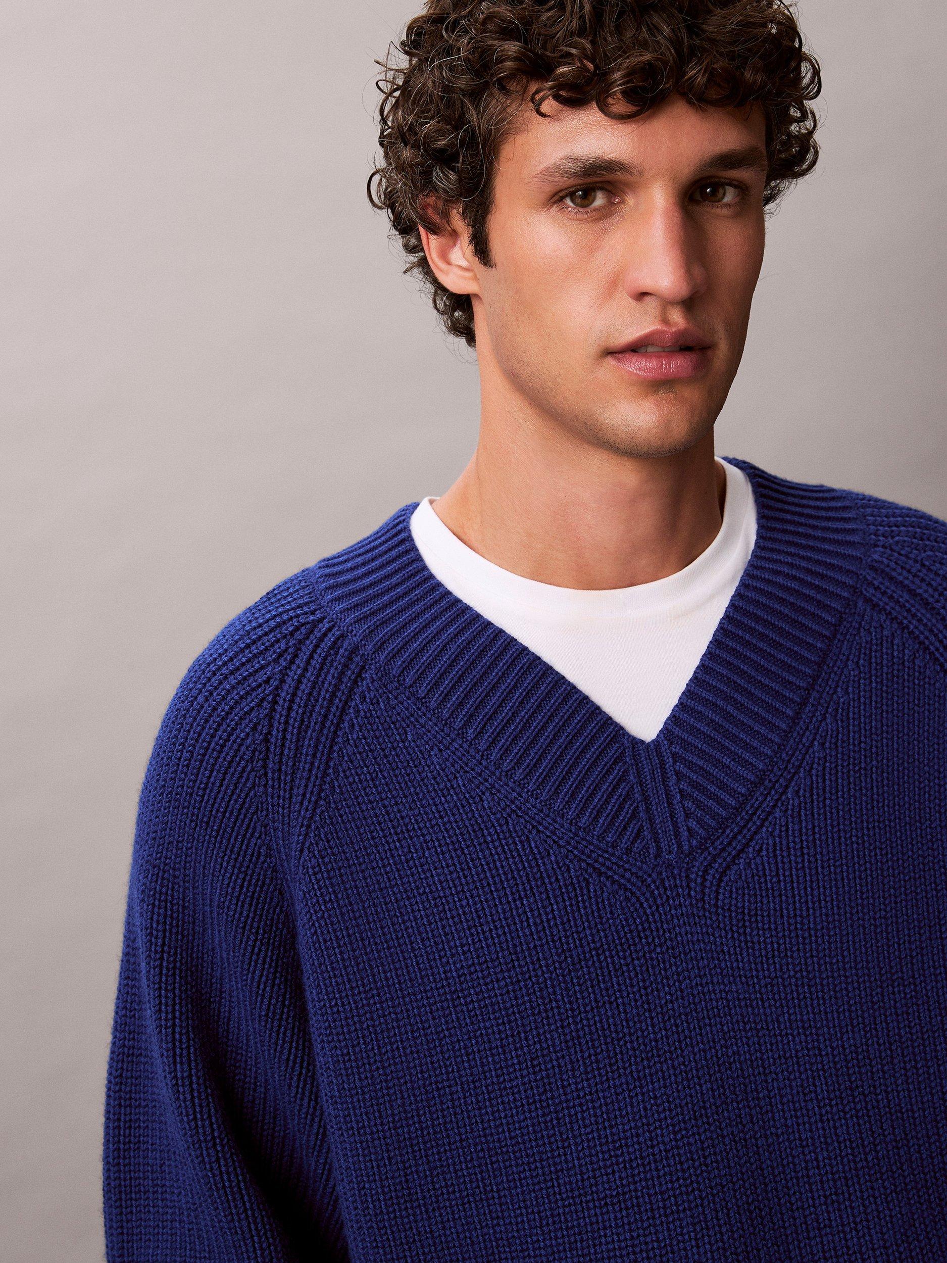Product image 3 of 7, which shows Calvin Klein Wool Blend V-Neck Jumper, Bellwether Blue, L