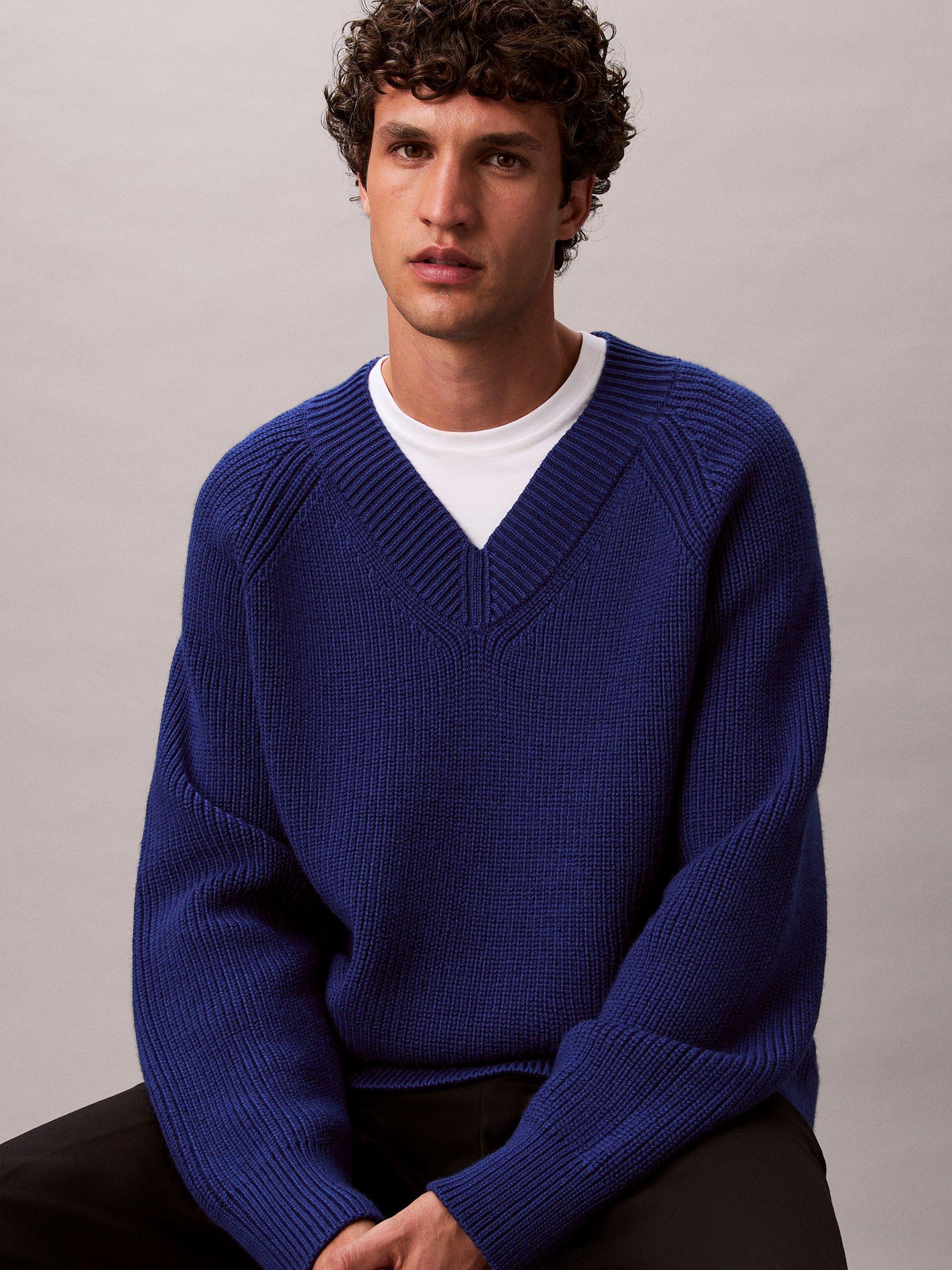 Product image 5 of 7, which shows Calvin Klein Wool Blend V-Neck Jumper, Bellwether Blue, L