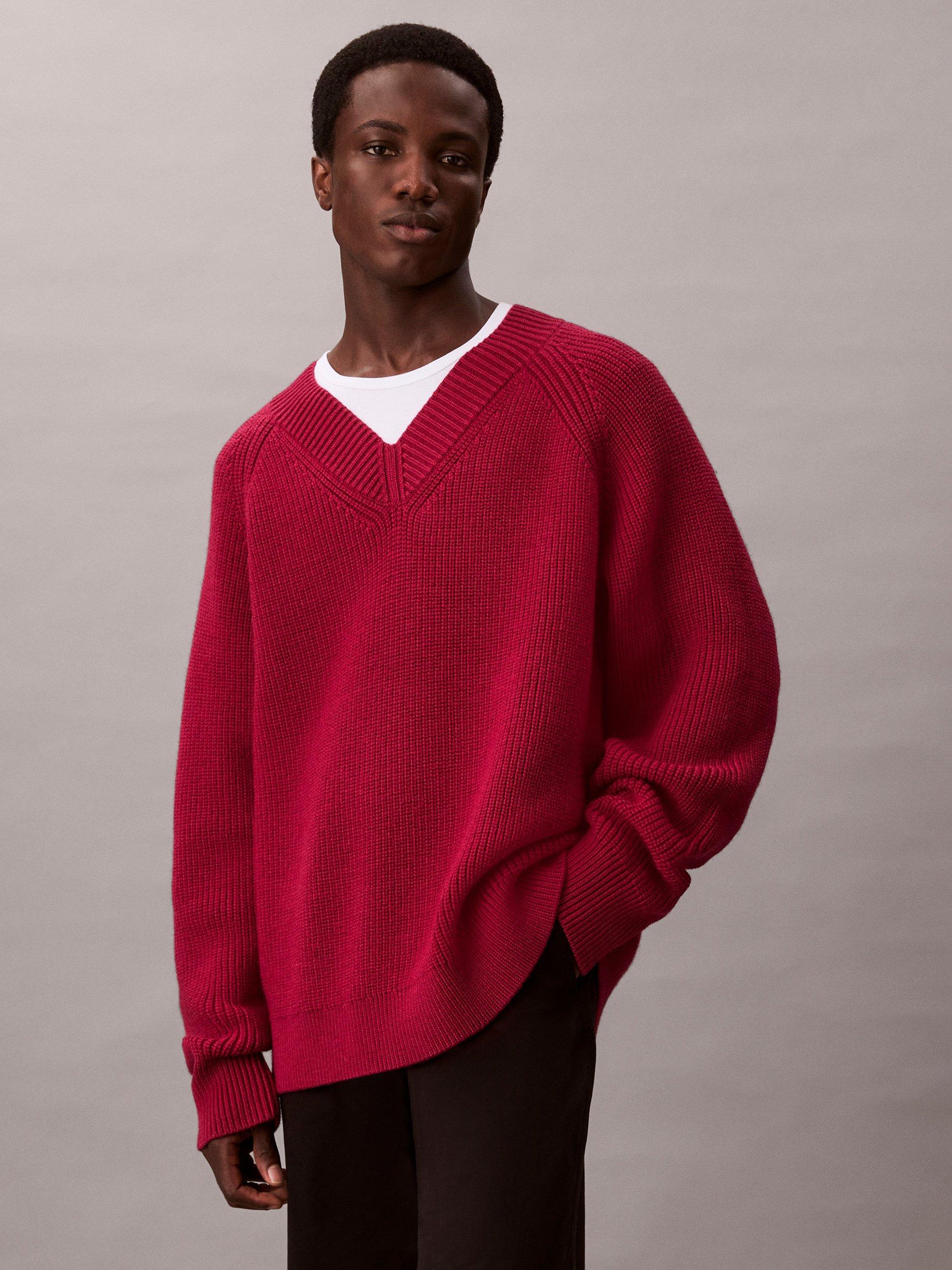 Product image 1 of 7, which shows Calvin Klein Wool Blend V-Neck Jumper, Beet Red, S