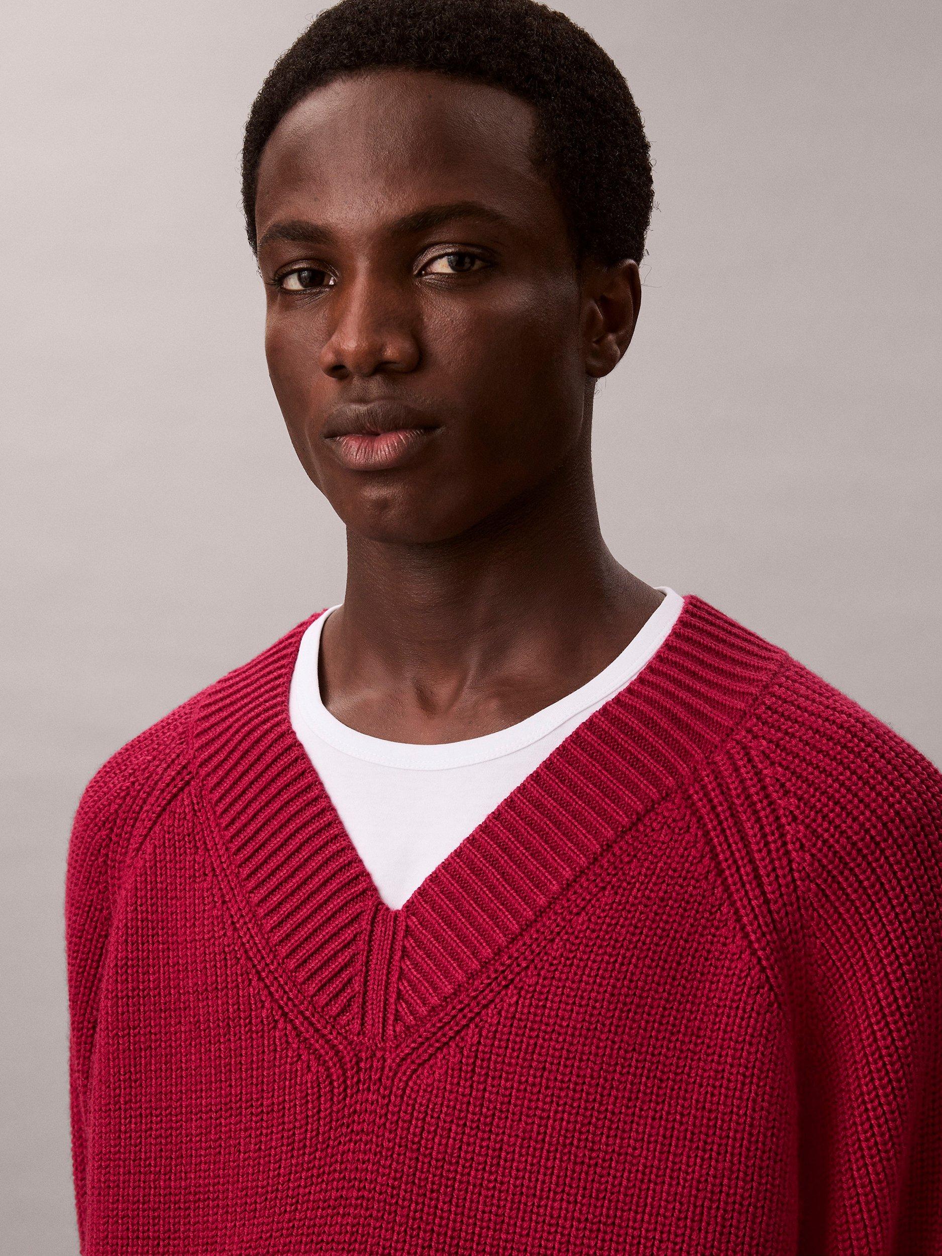 Product image 4 of 7, which shows Calvin Klein Wool Blend V-Neck Jumper, Beet Red, S