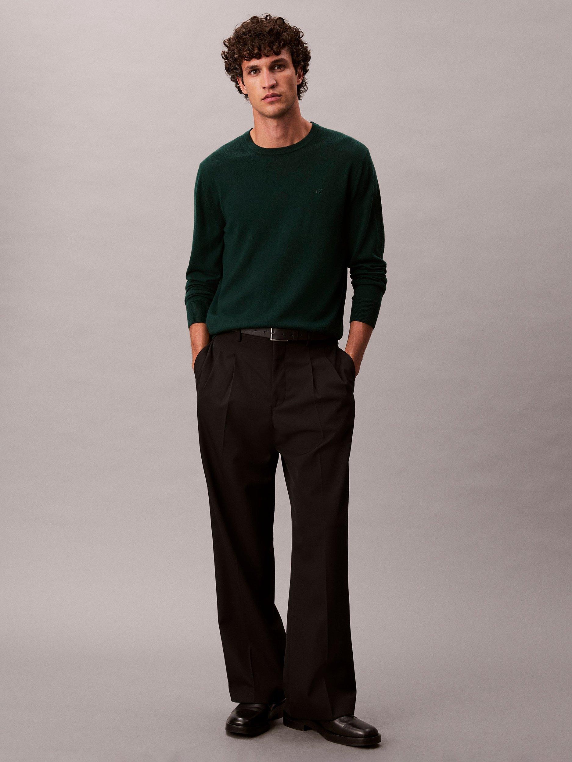 Product image 1 of 7, which shows Calvin Klein Crew Neck Monogram Wool Jumper, Miami Green, S