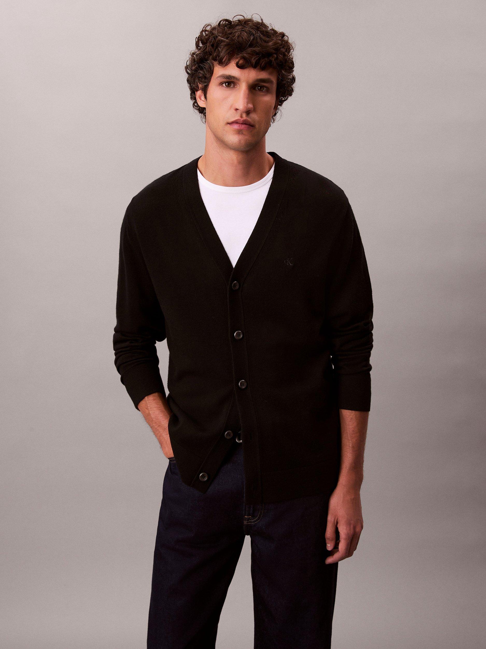 Product image 4 of 6, which shows Calvin Klein Merino Wool Cardigan, Black, S