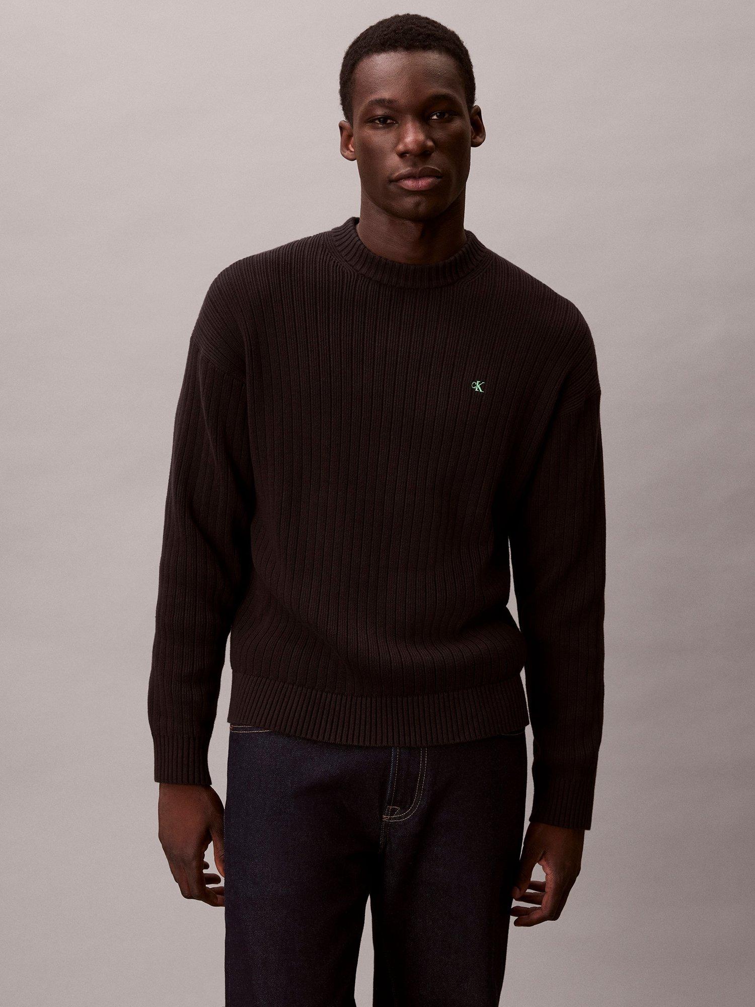 Product image 1 of 7, which shows Calvin Klein Ribbed Cotton Monogram Knit Jumper, Black, XS