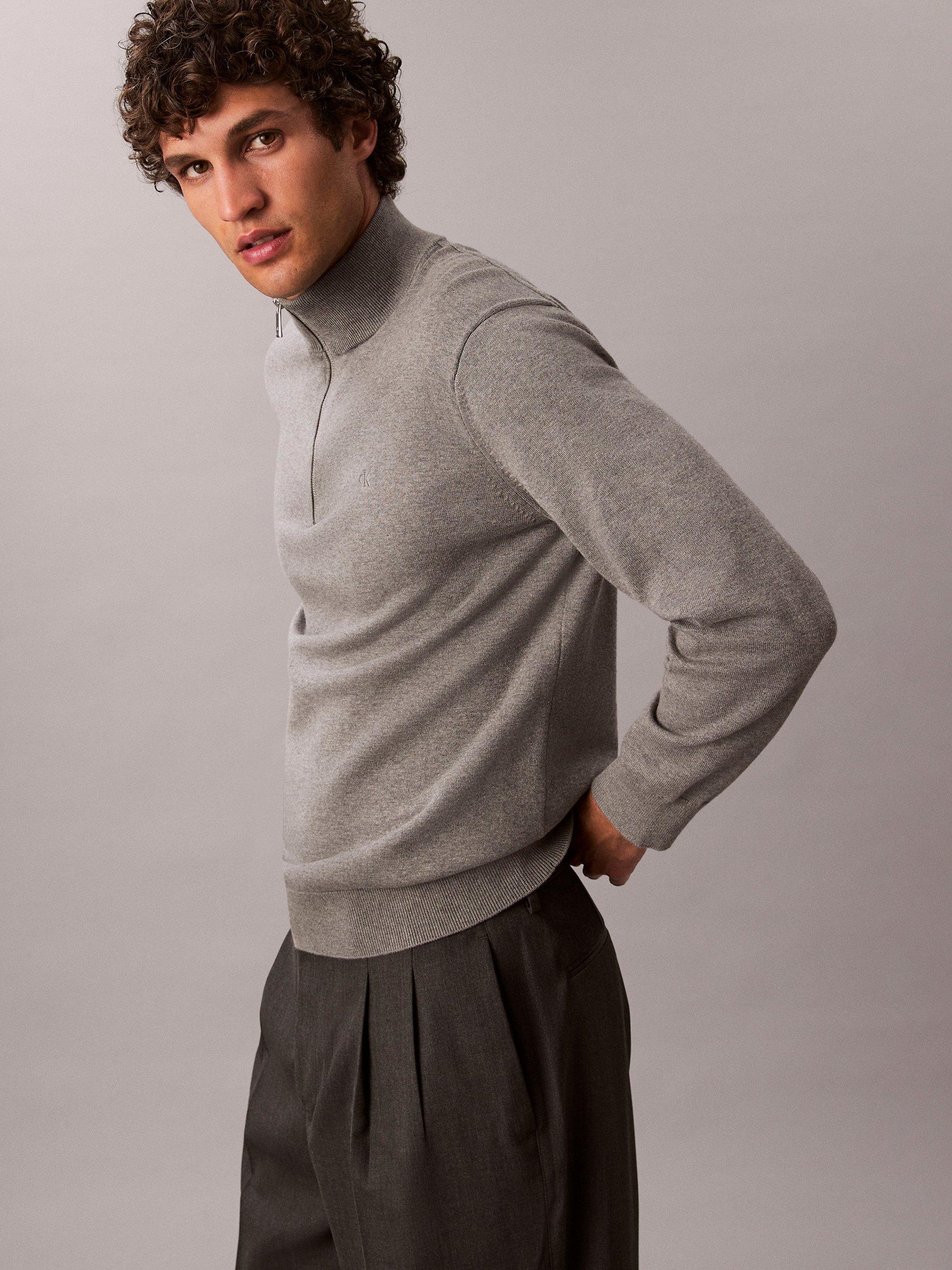 Product image 2 of 6, which shows Calvin Klein Monogram Half Zip Cotton Jumper, Medium Grey Heather, M