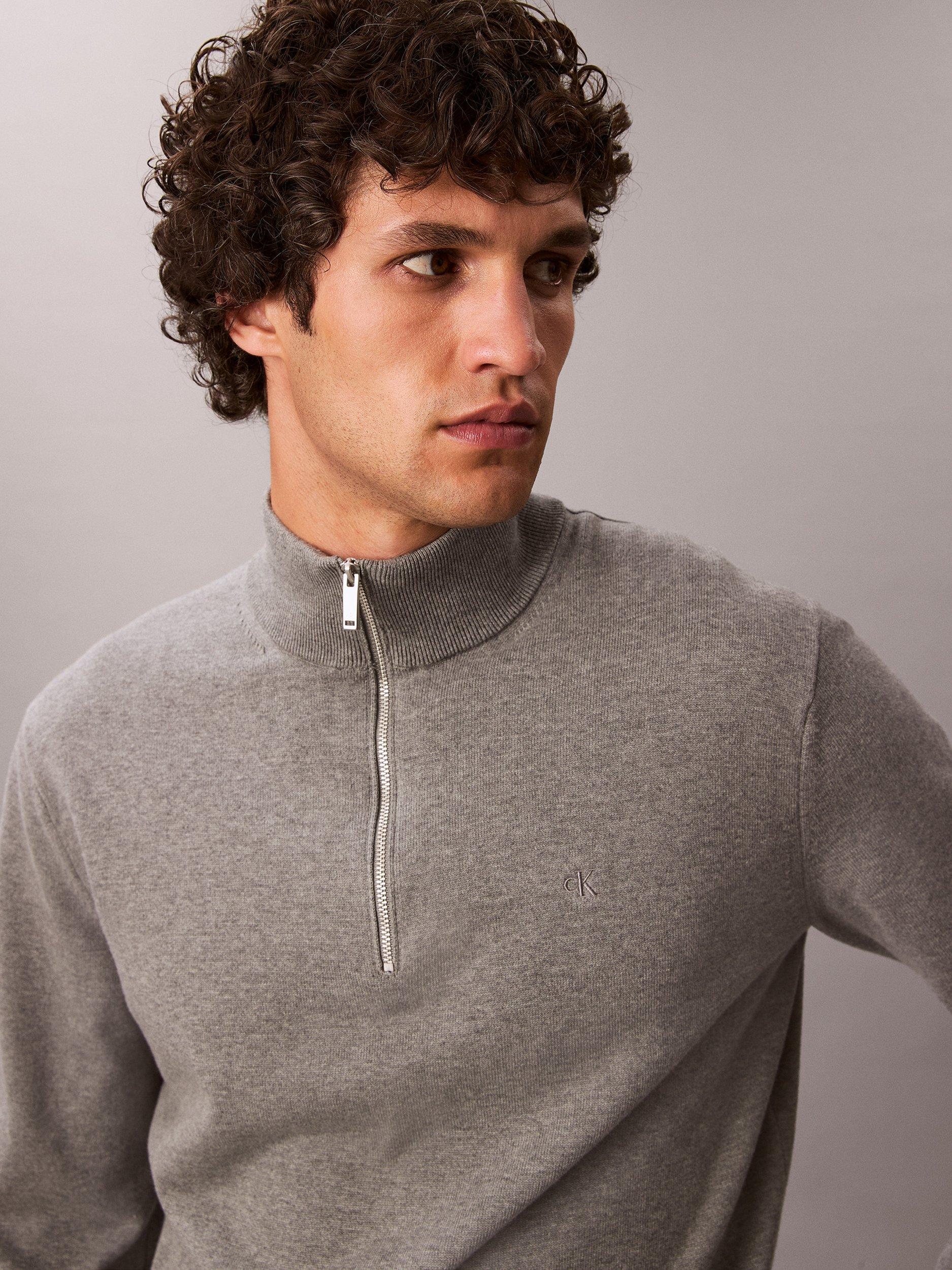 Product image 4 of 6, which shows Calvin Klein Monogram Half Zip Cotton Jumper, Medium Grey Heather, M