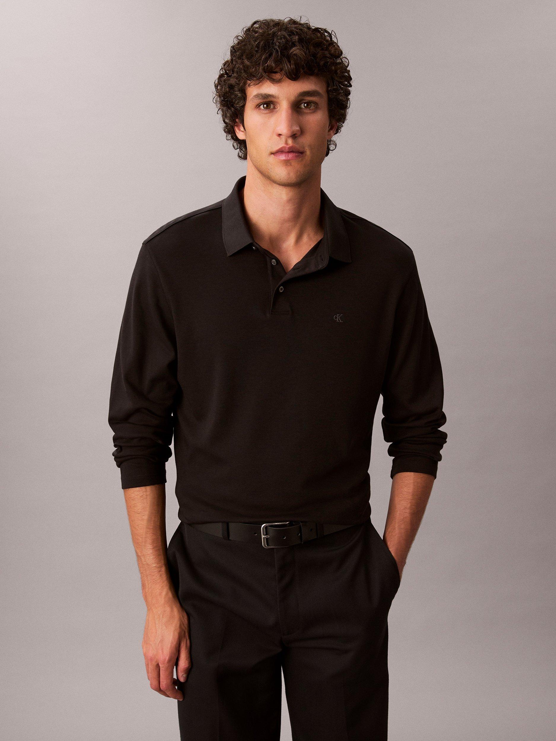 Product image 1 of 6, which shows Calvin Klein Monogram Long Sleeve Cotton Polo Shirt, Black, S