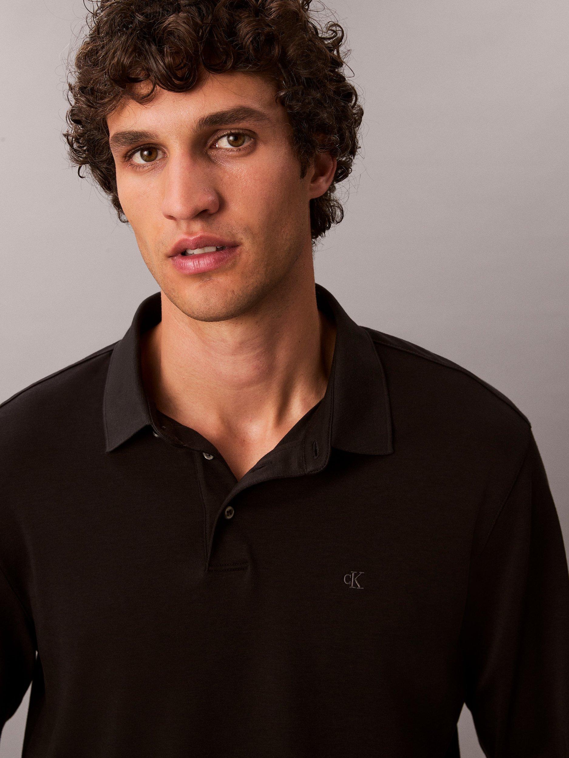 Product image 3 of 6, which shows Calvin Klein Monogram Long Sleeve Cotton Polo Shirt, Black, S