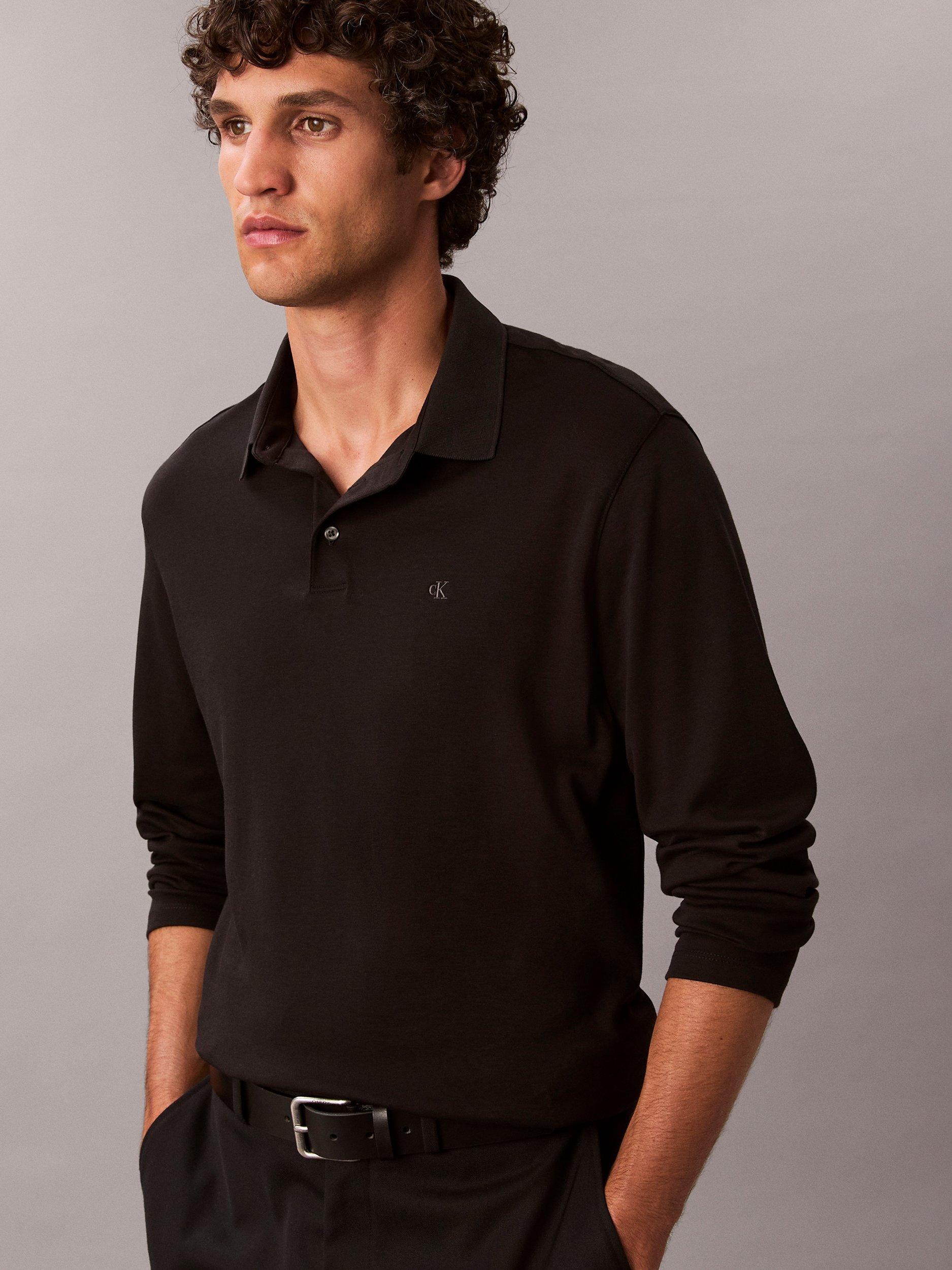 Product image 4 of 6, which shows Calvin Klein Monogram Long Sleeve Cotton Polo Shirt, Black, S