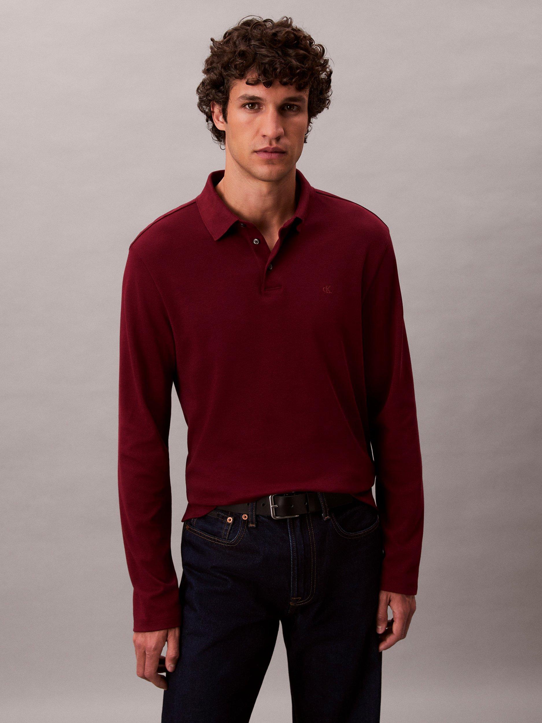 Product image 1 of 6, which shows Calvin Klein Monogram Long Sleeve Cotton Polo Shirt, Renaissance Red, M