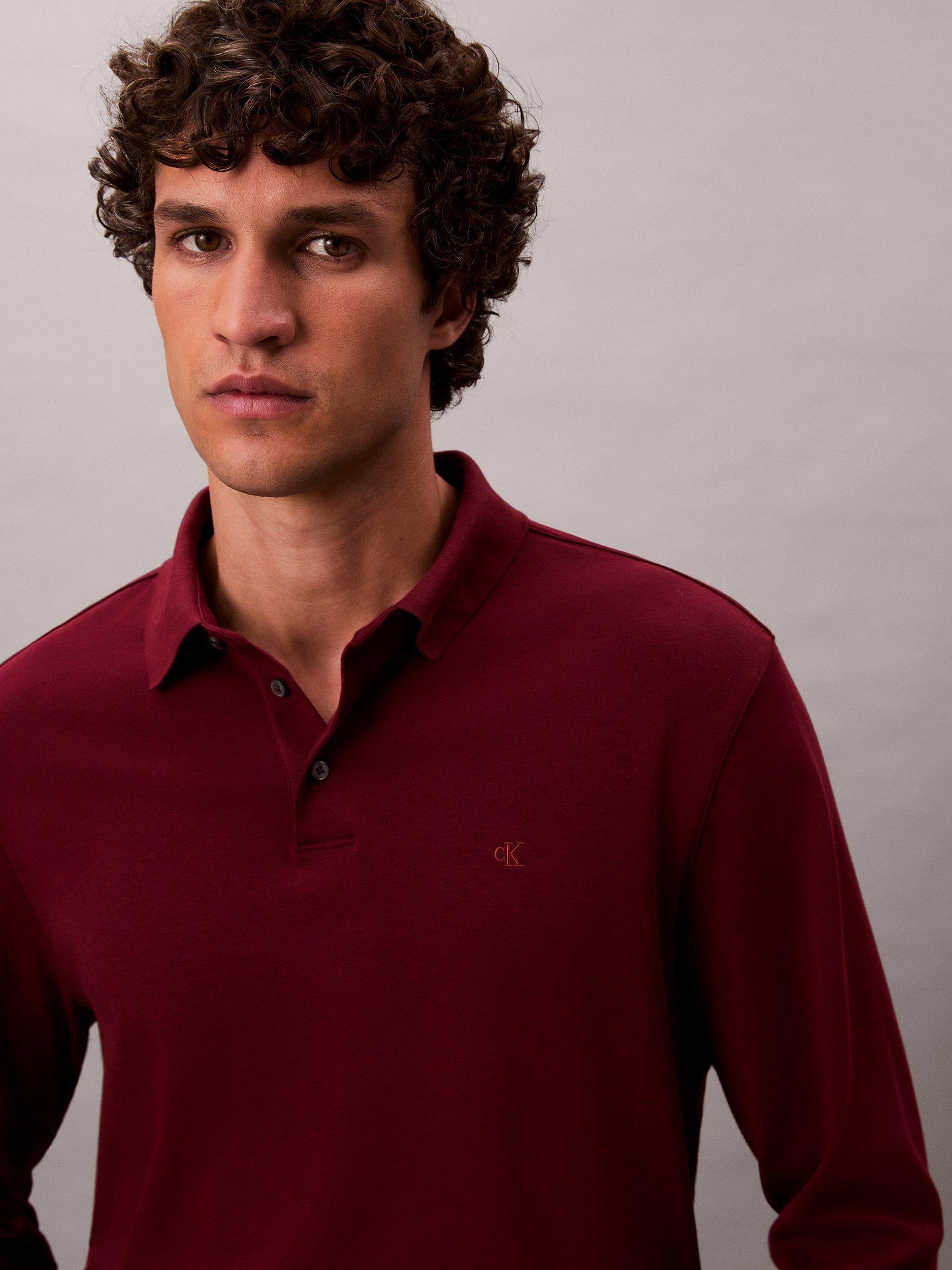 Product image 2 of 6, which shows Calvin Klein Monogram Long Sleeve Cotton Polo Shirt, Renaissance Red, M