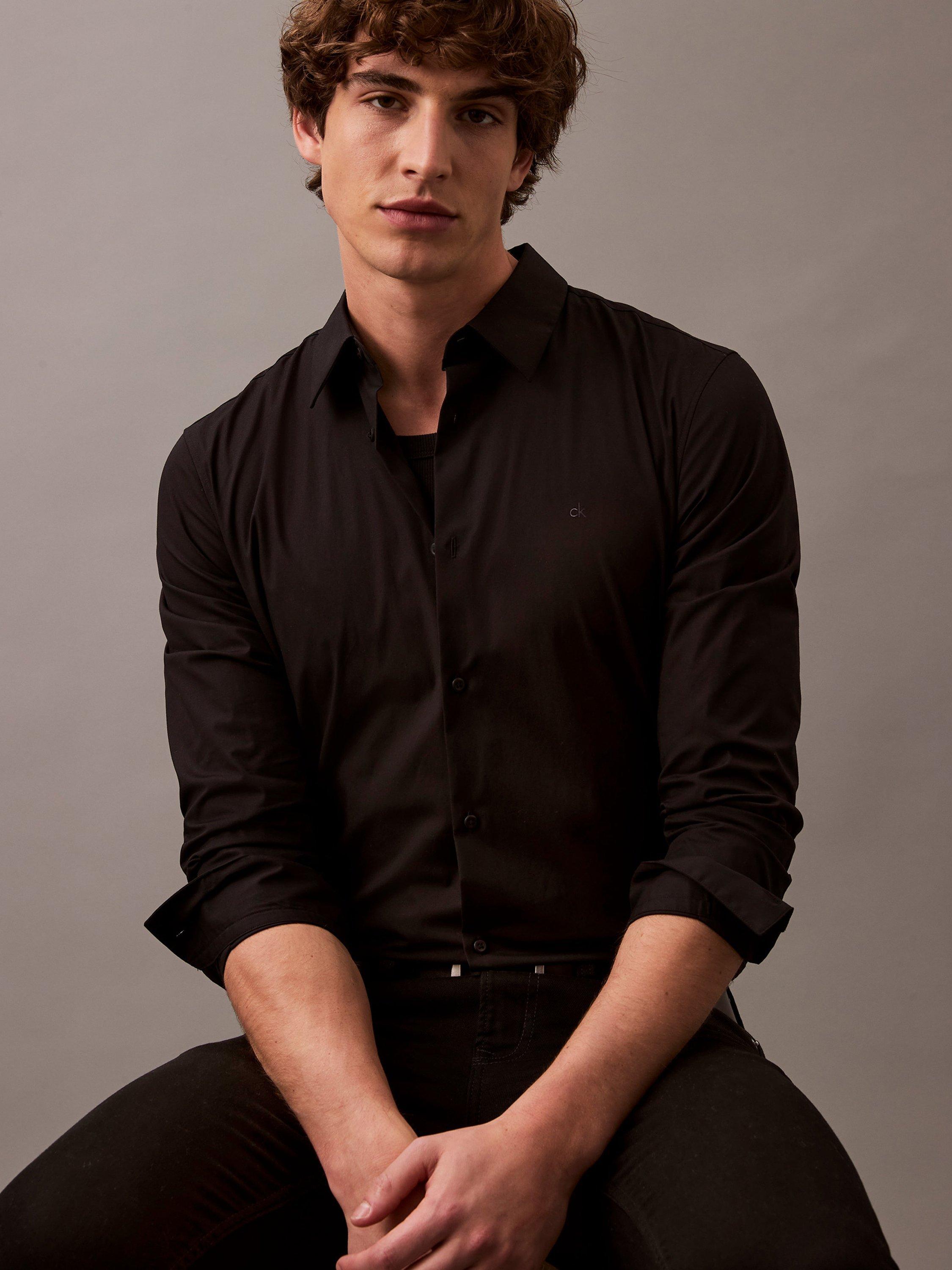 Product image 1 of 6, which shows Calvin Klein Monogram Cotton Blend Shirt, Black, XS