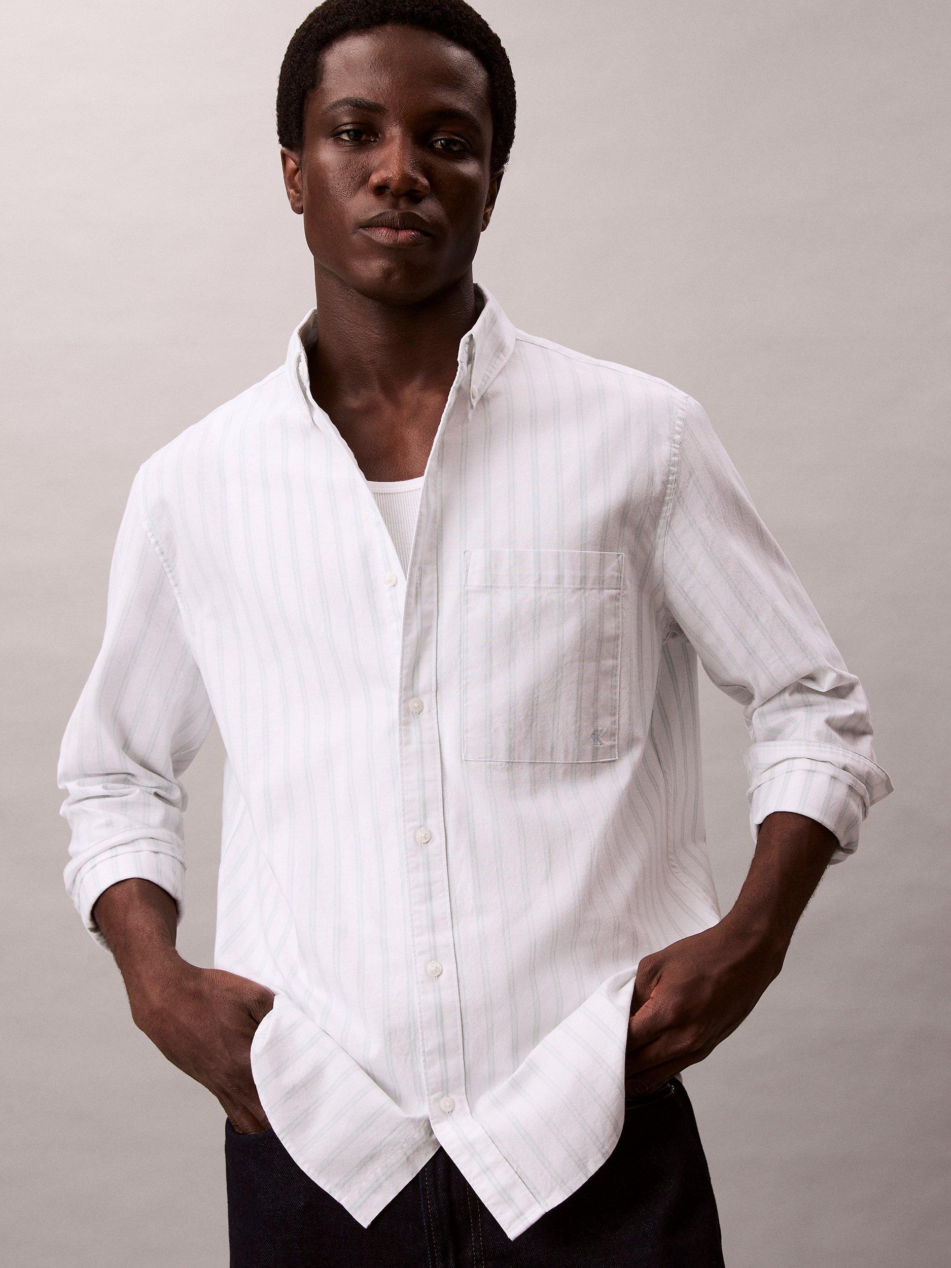Product image 3 of 6, which shows Calvin Klein Stripe Cotton Blend Oxford Shirt, Brilliant White, L
