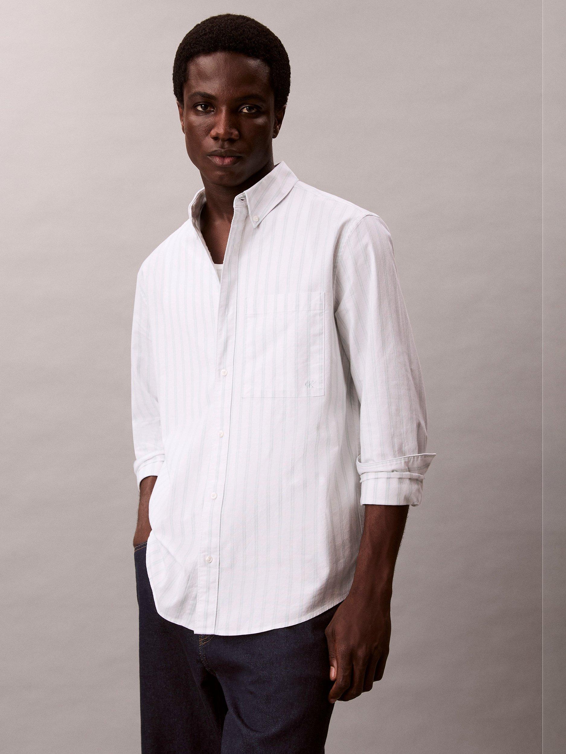 Product image 6 of 6, which shows Calvin Klein Stripe Cotton Blend Oxford Shirt, Brilliant White, L
