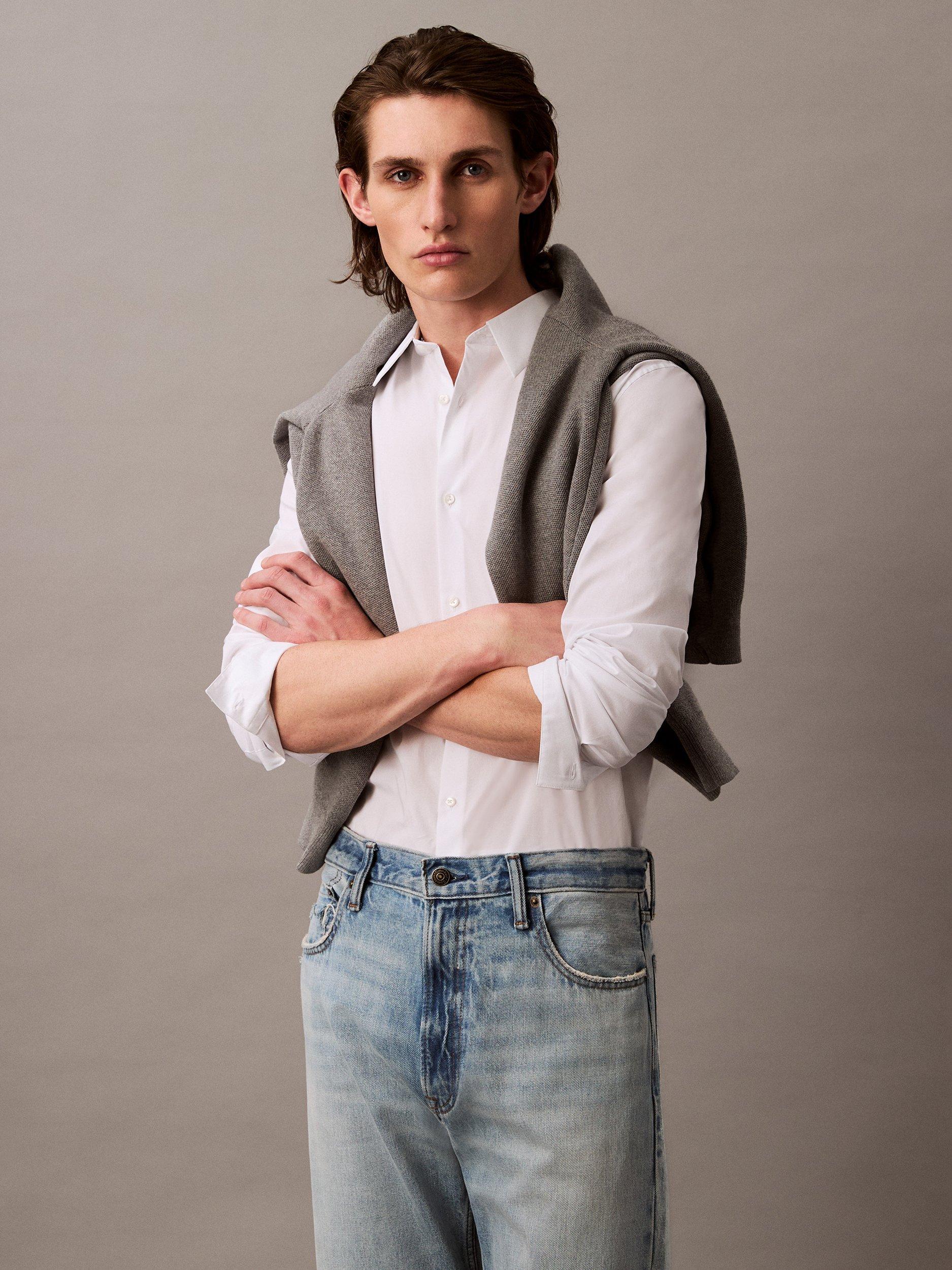 Product image 1 of 6, which shows Calvin Klein Monogram Cotton Blend Shirt, Brilliant White, XS