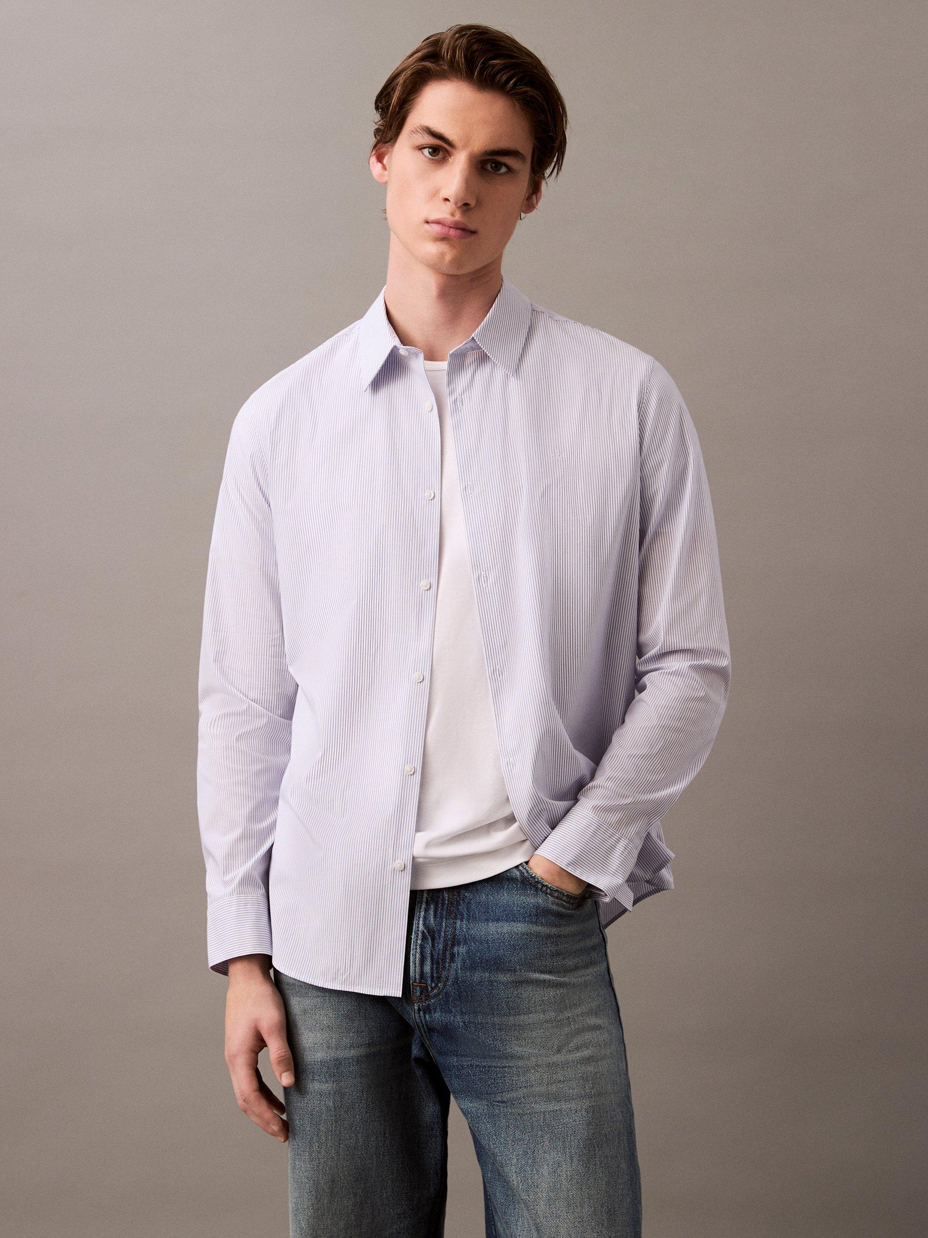 Product image 1 of 6, which shows Calvin Klein Cotton Blend Regular Fit Thin Stripe Shirt, Dazzling Blue, S