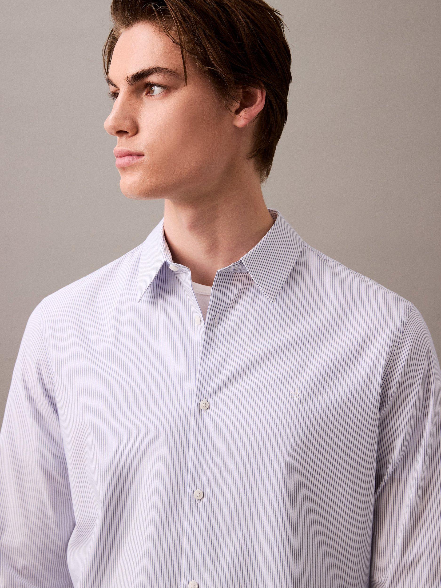 Product image 2 of 6, which shows Calvin Klein Cotton Blend Regular Fit Thin Stripe Shirt, Dazzling Blue, S