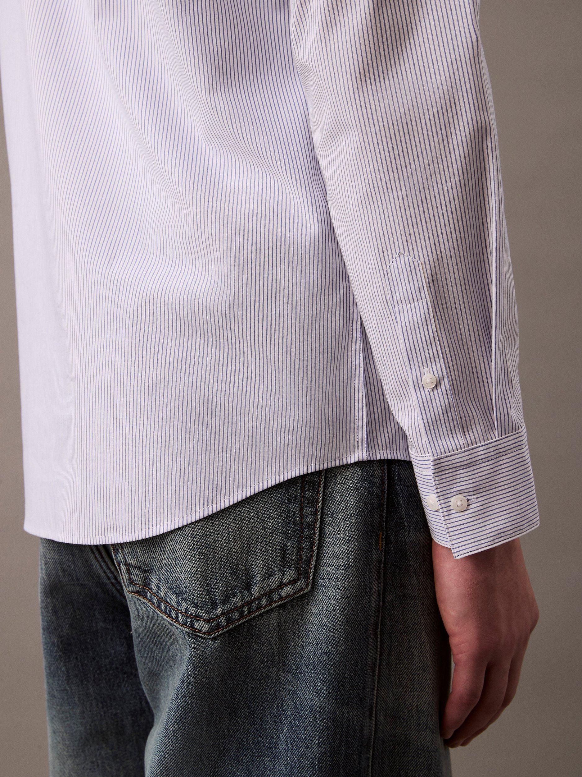 Product image 3 of 6, which shows Calvin Klein Cotton Blend Regular Fit Thin Stripe Shirt, Dazzling Blue, S