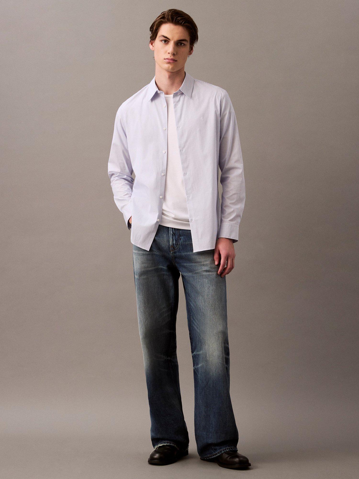 Product image 5 of 6, which shows Calvin Klein Cotton Blend Regular Fit Thin Stripe Shirt, Dazzling Blue, S