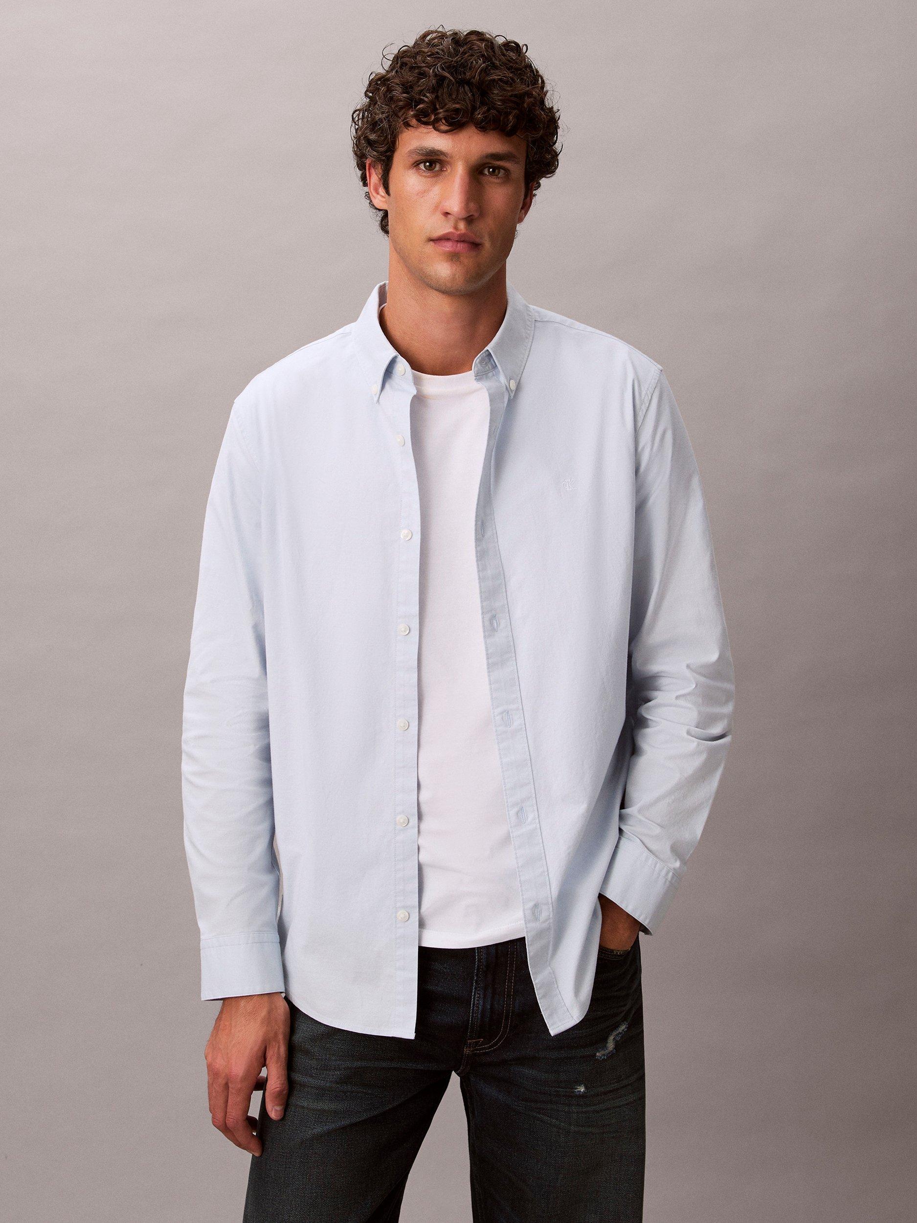 Product image 1 of 5, which shows Calvin Klein Monogram Cotton Blend Oxford Shirt, Plein Air, XS
