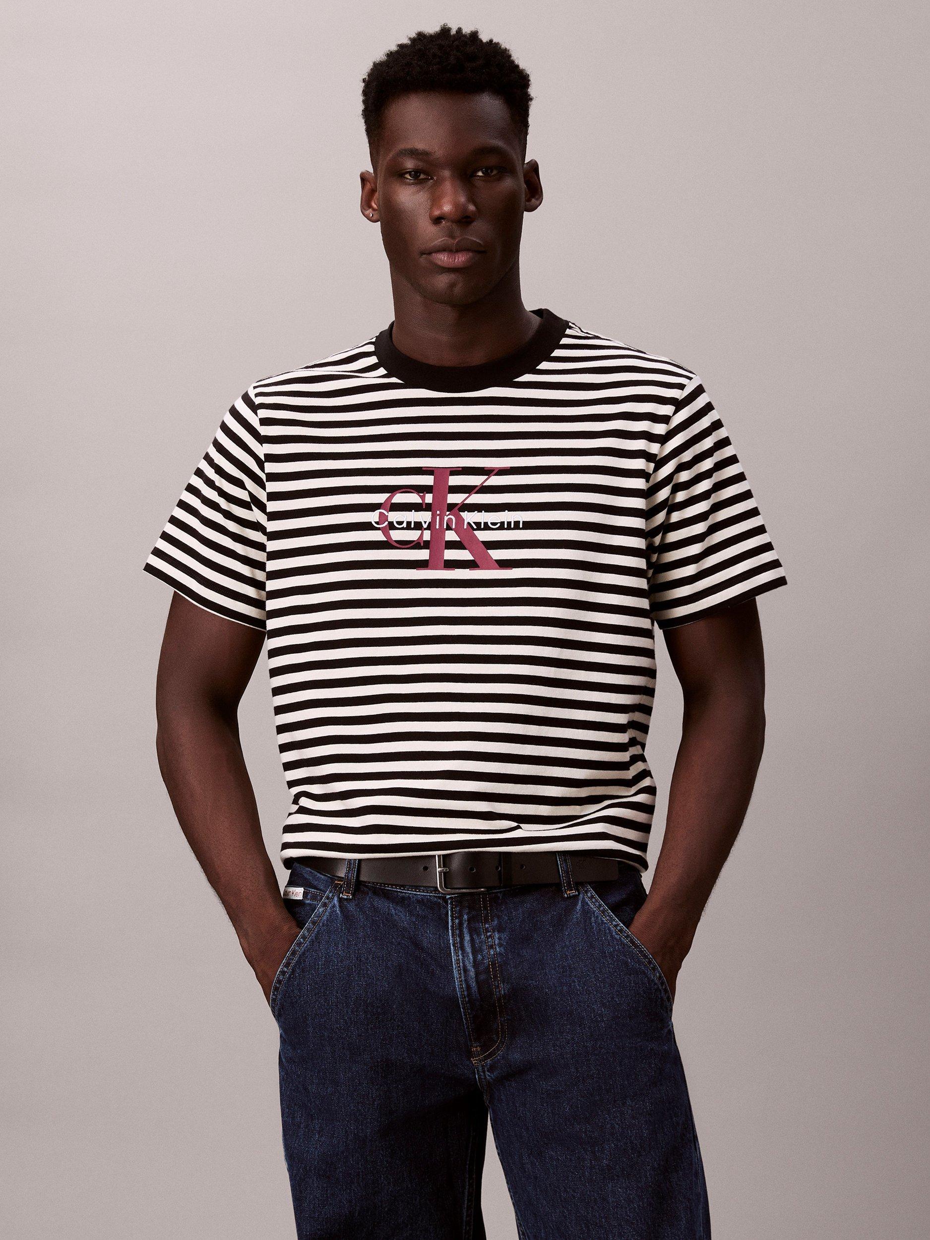 Product image 1 of 6, which shows Calvin Klein Monogram Stripe Cotton T-Shirt, Black/White, XS