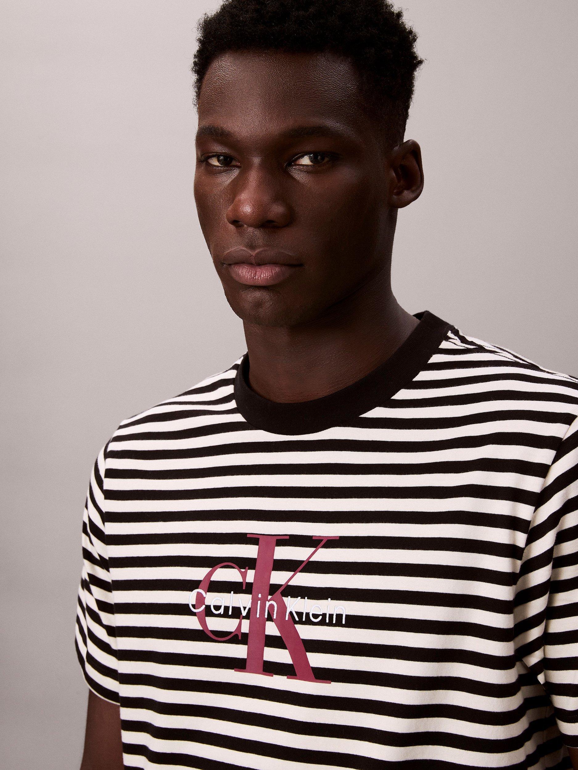 Product image 3 of 6, which shows Calvin Klein Monogram Stripe Cotton T-Shirt, Black/White, XS