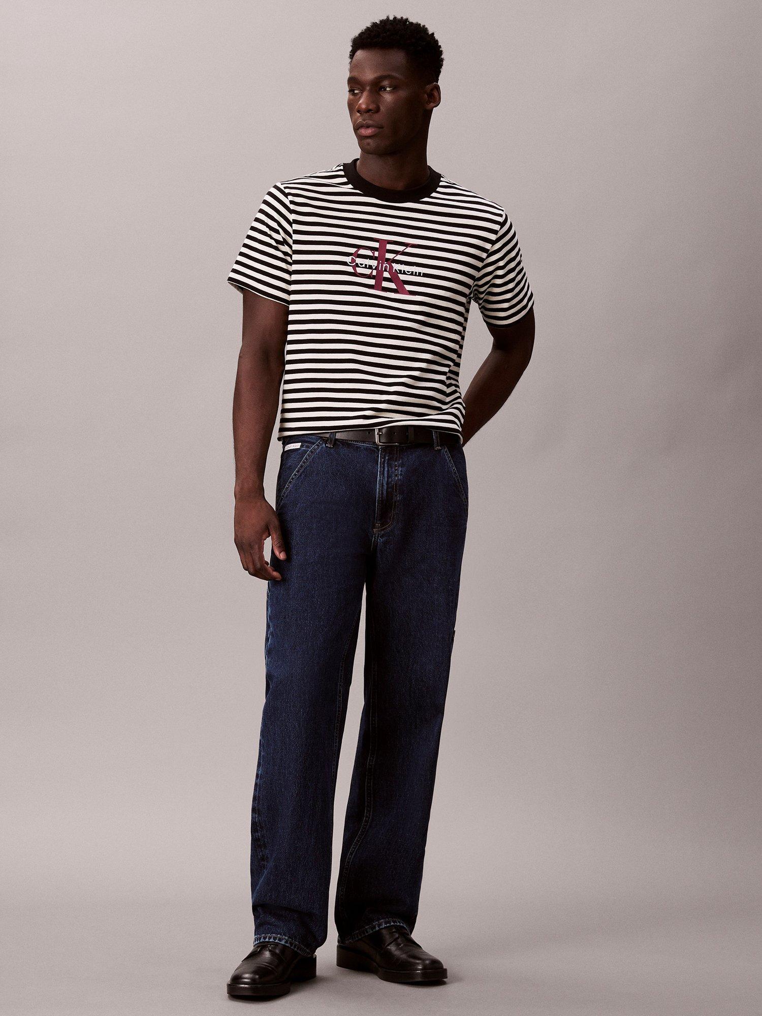 Product image 4 of 6, which shows Calvin Klein Monogram Stripe Cotton T-Shirt, Black/White, XS