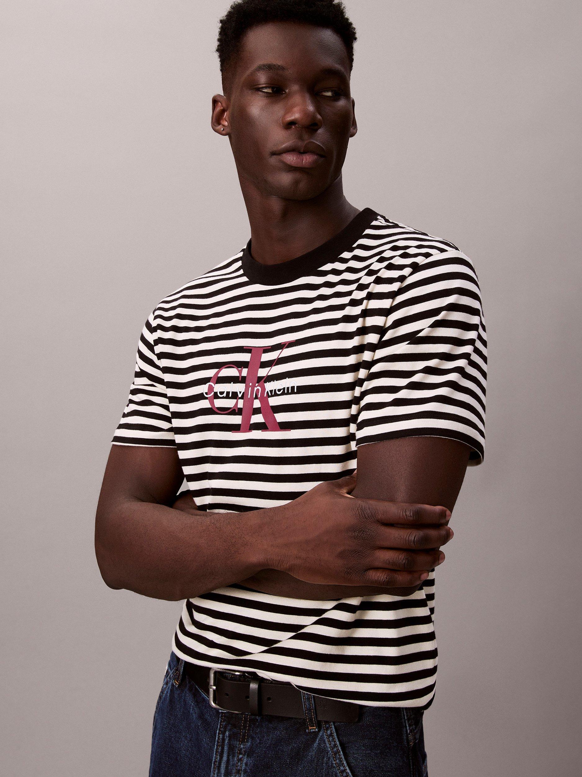 Product image 5 of 6, which shows Calvin Klein Monogram Stripe Cotton T-Shirt, Black/White, XS