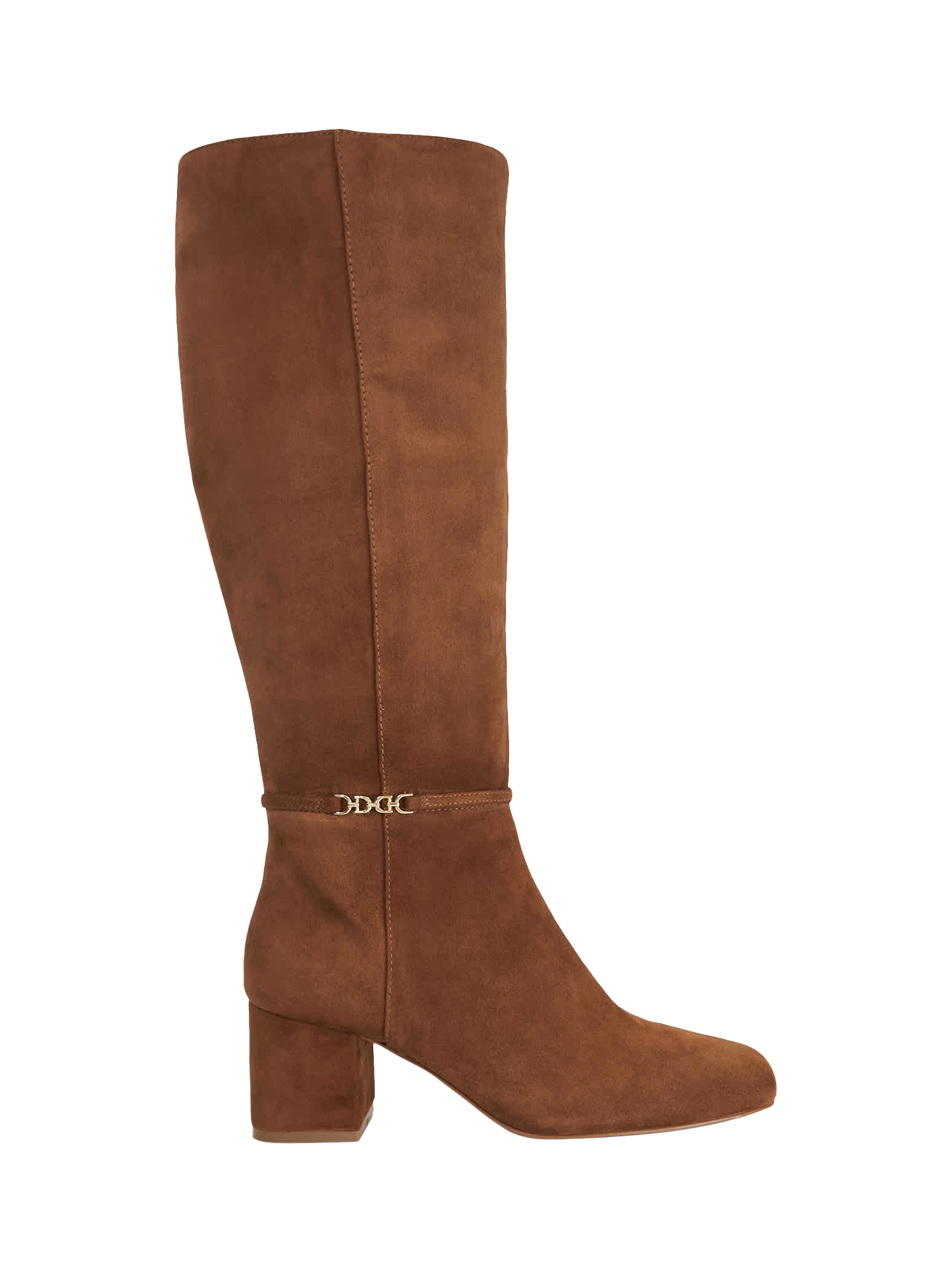 Dune London Sanna Snaffle Trim Knee High Block Heel Suede Boots, Tan