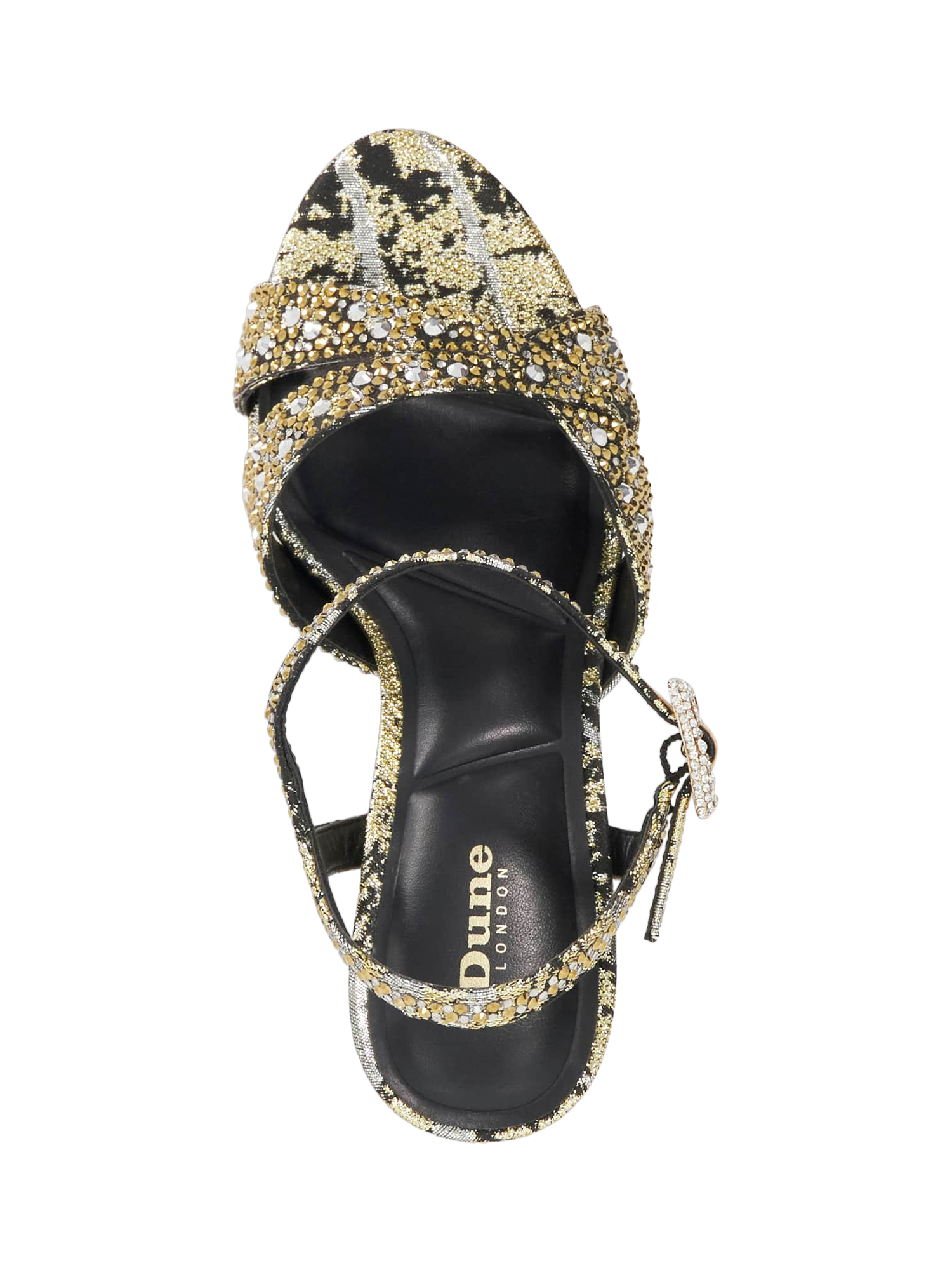 Product image 2 of 5, which shows Dune London Mayve Cut-Out Satin Platform Sandals, Black/Gold, EU37