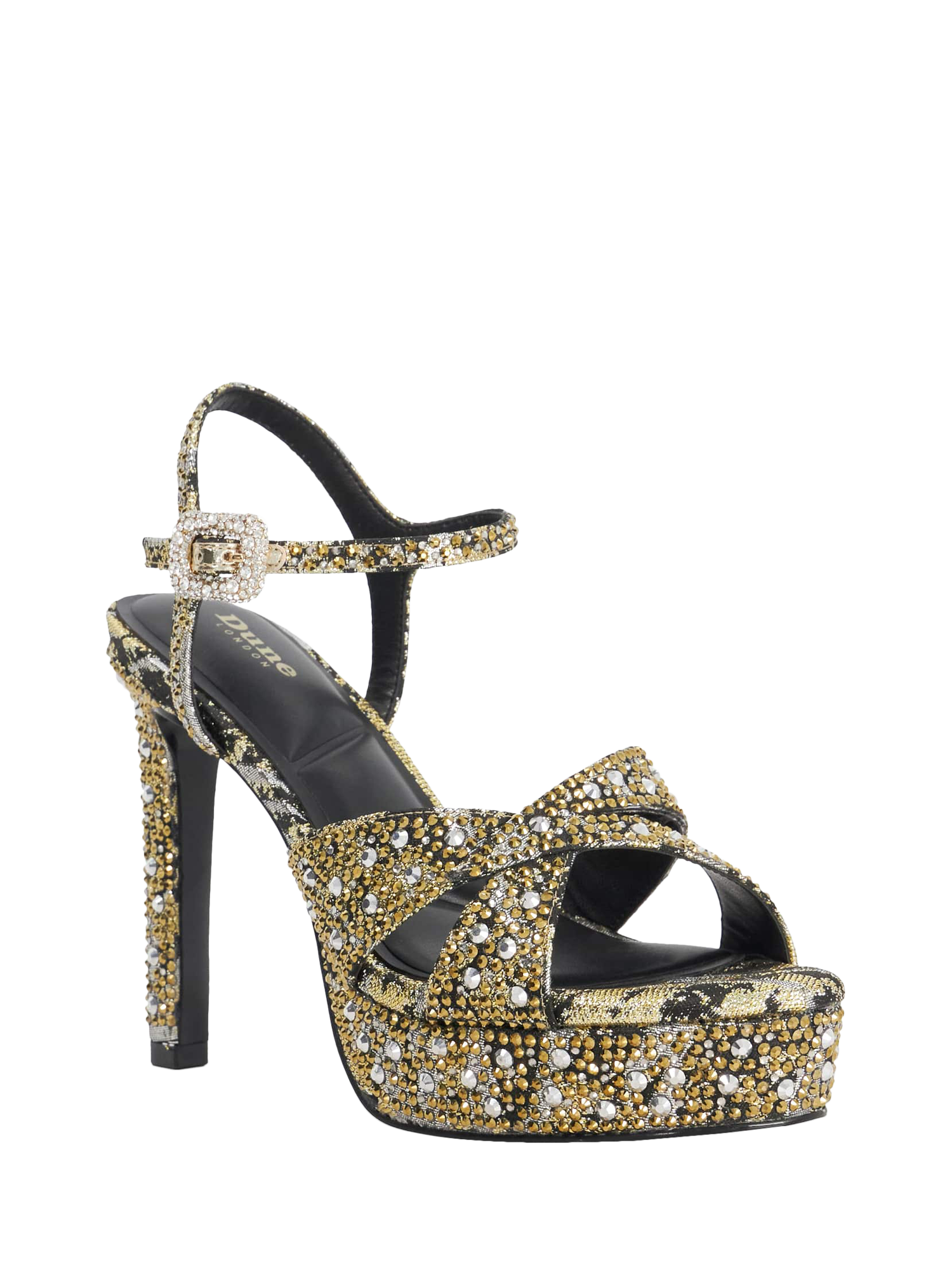 Product image 3 of 5, which shows Dune London Mayve Cut-Out Satin Platform Sandals, Black/Gold, EU37