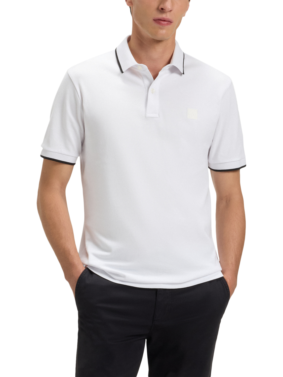 Product image 1 of 5, which shows BOSS Cotton Blend Short Sleeve Polo Shirt, White, M