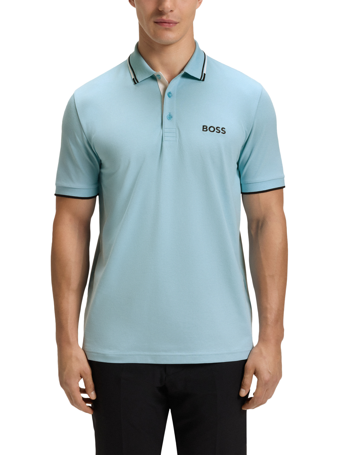 Product image 1 of 5, which shows BOSS Cotton Blend Regular Fit Short Sleeve Polo Shirt, Light Pastel Blue, S