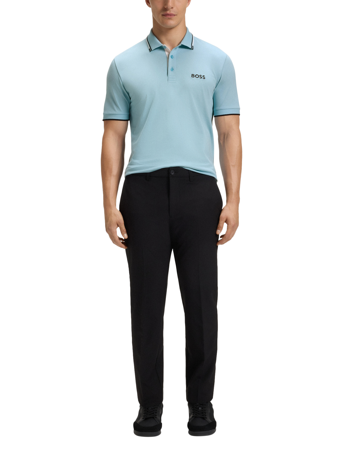 Product image 3 of 5, which shows BOSS Cotton Blend Regular Fit Short Sleeve Polo Shirt, Light Pastel Blue, S