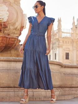 Sosandar Cap Sleeve V Neck Tiered Midi Dress - view 2, Indigo Blue