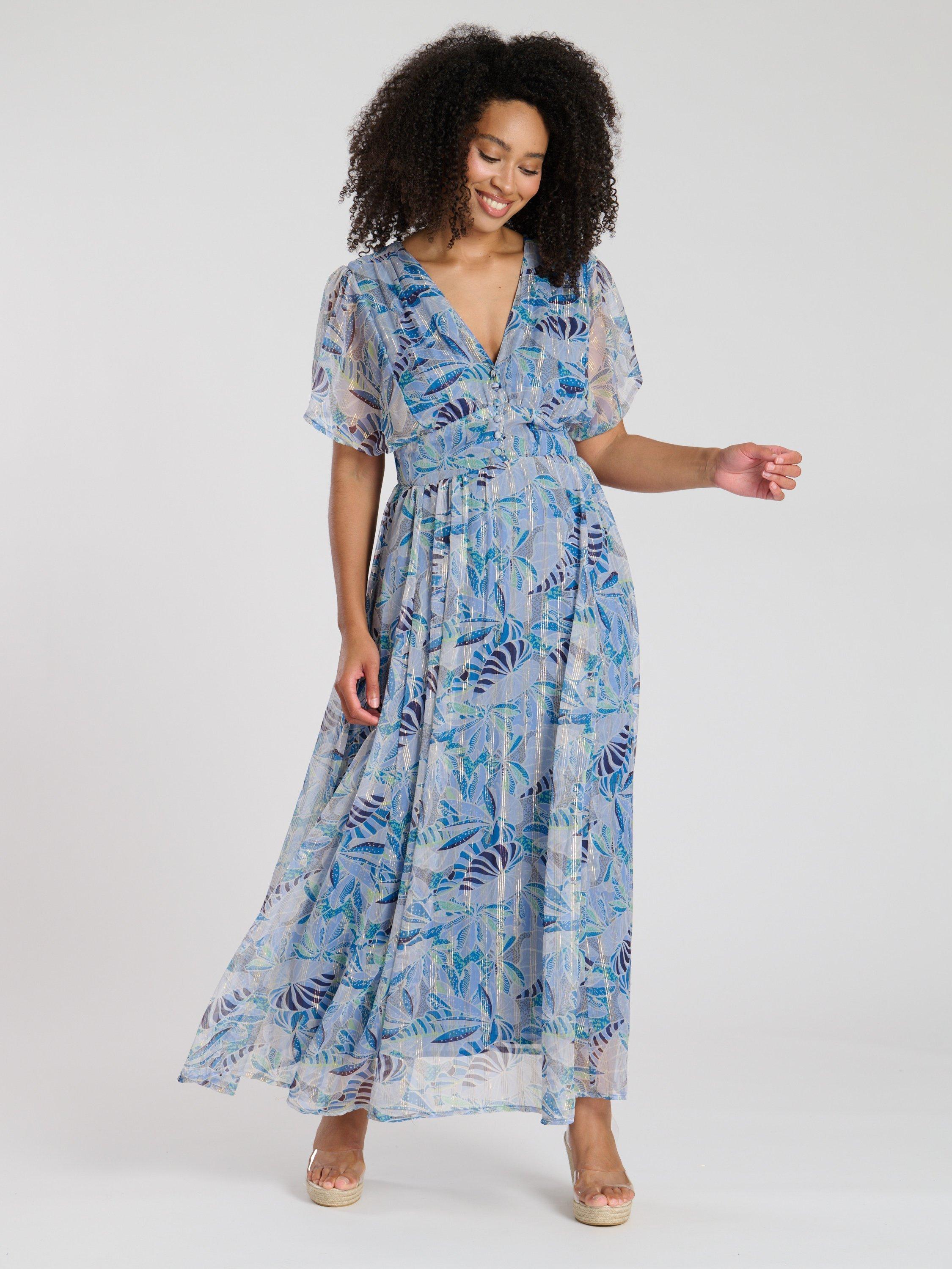 South Beach Metallic Chiffon Button Detail Maxi Dress, Blue