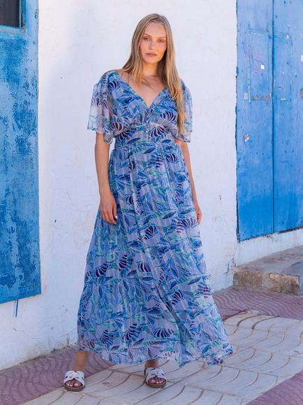 South Beach Metallic Chiffon Button Detail Maxi Dress, Blue - view 2, Blue