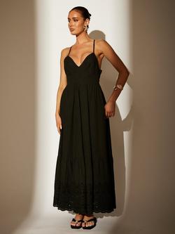 South Beach Dobby Broderie Strappy Back Midi Dress, Black, Black