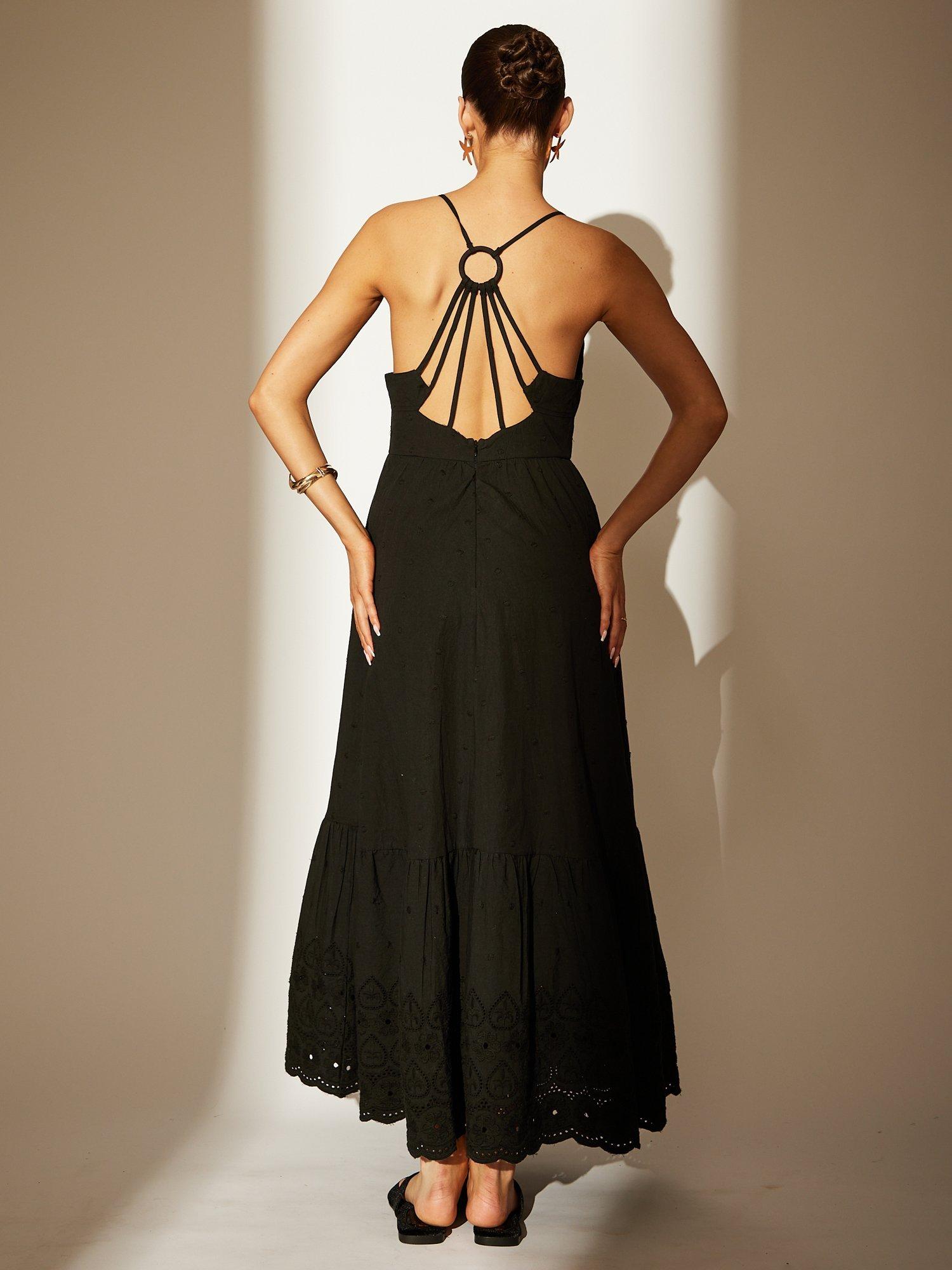 South Beach Dobby Broderie Strappy Back Midi Dress, Black