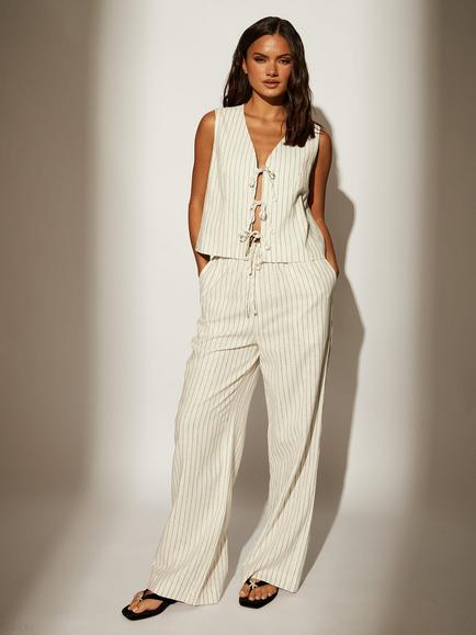 South Beach Stripe Linen Blend Trousers, Beige, Beige