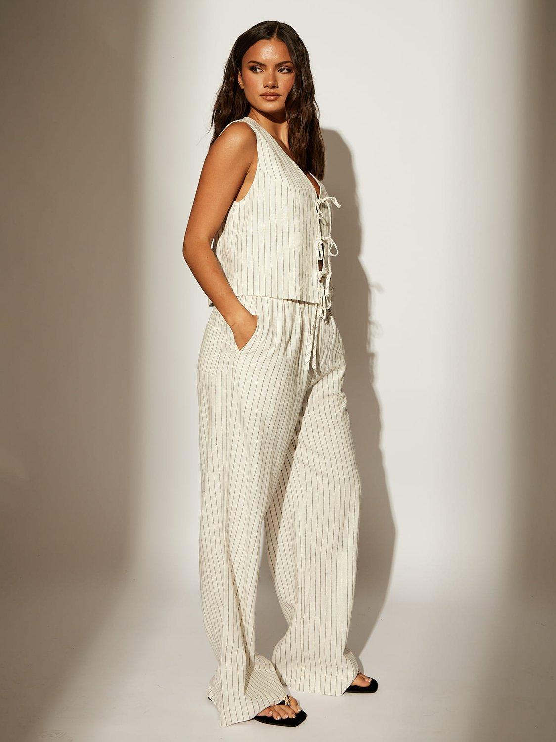 Product image 3 of 4, which shows South Beach Stripe Linen Blend Trousers, Beige, 10