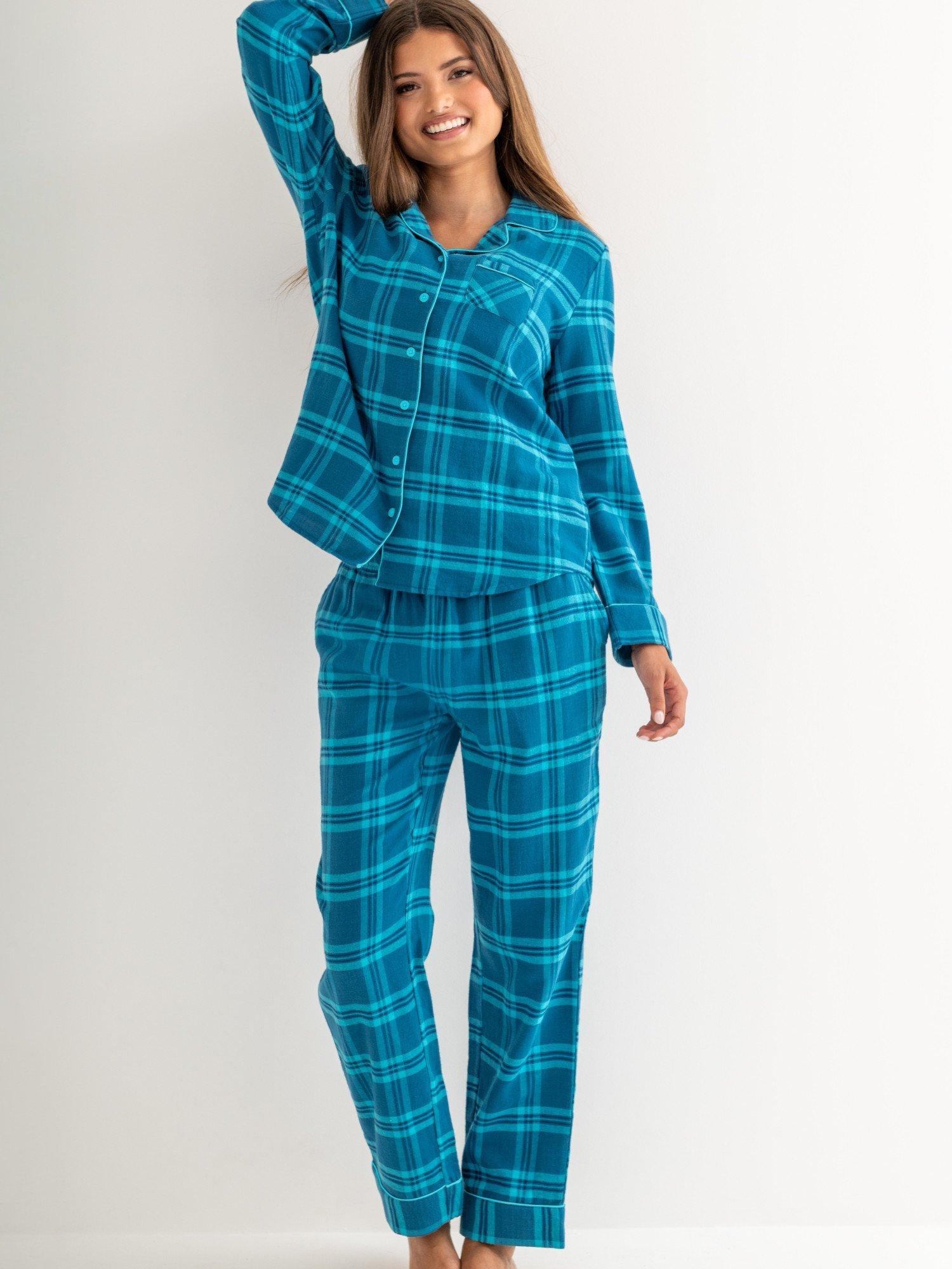 Product image 1 of 8, which shows Pour Moi Cosy Check Brushed Cotton Pyjama Gift Set , Blue/Navy, 8
