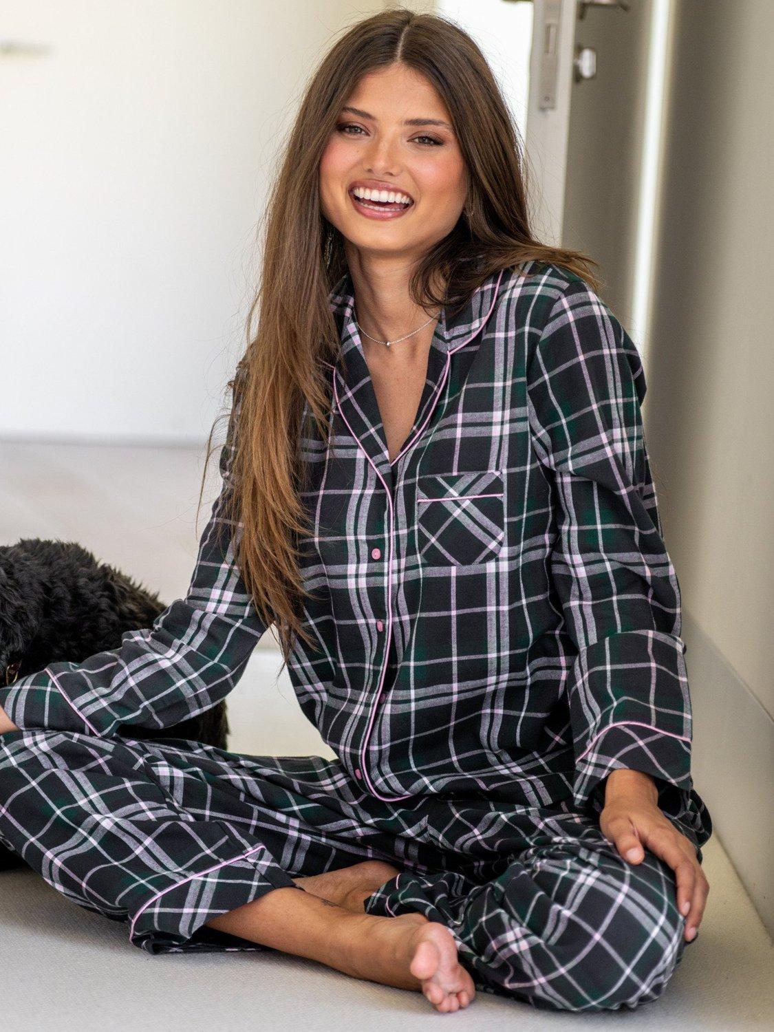 Product image 5 of 9, which shows Pour Moi Cosy Check Brushed Cotton Pyjama Gift Set , Forest/Black, 8