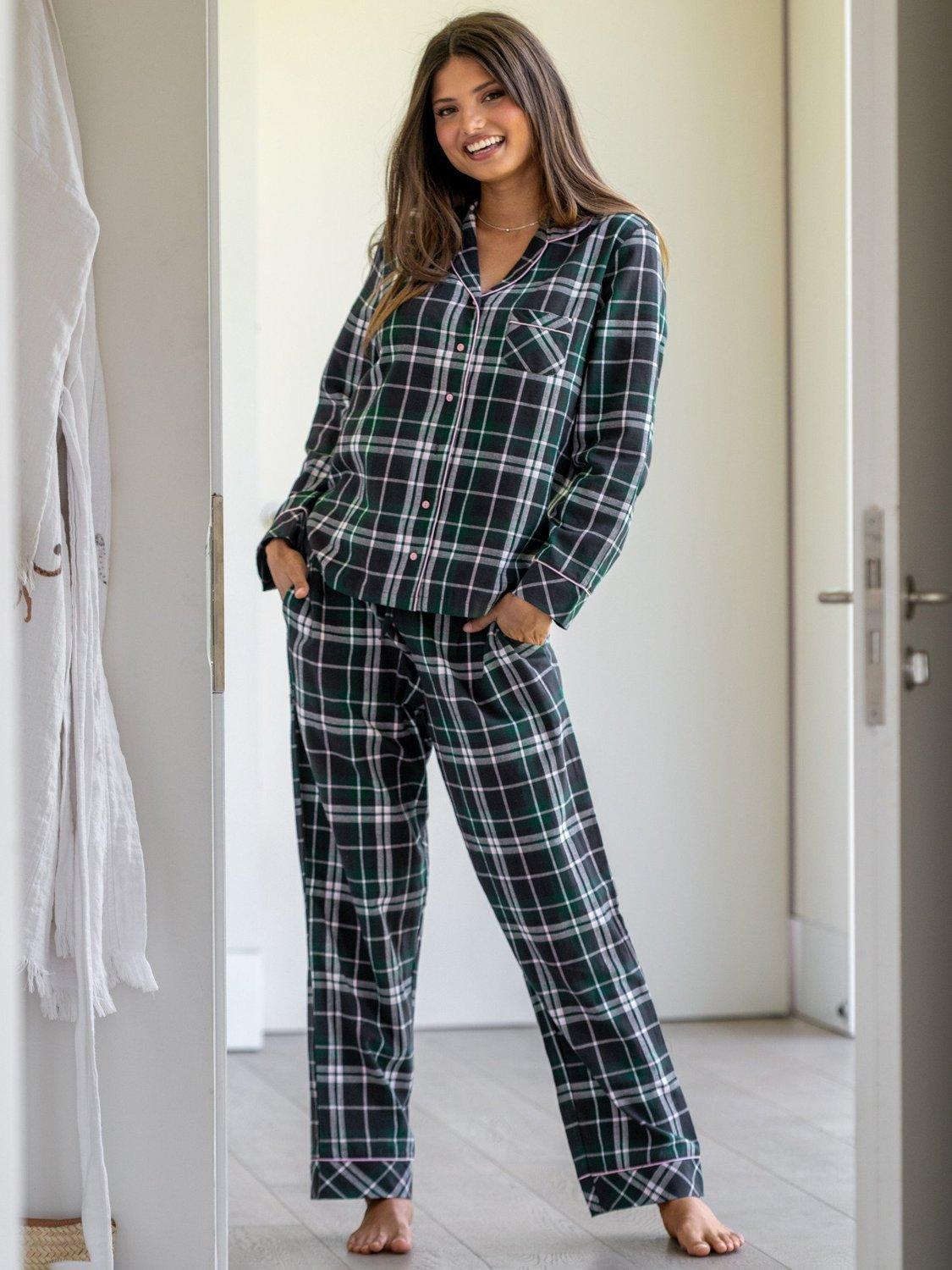 Product image 6 of 9, which shows Pour Moi Cosy Check Brushed Cotton Pyjama Gift Set , Forest/Black, 8