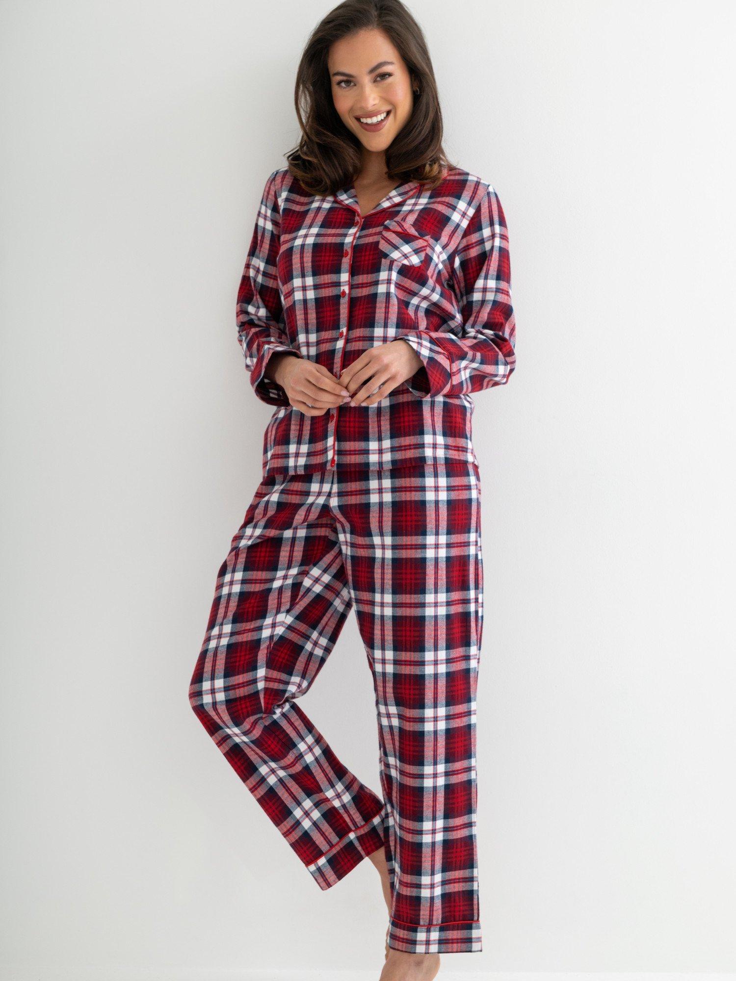 Product image 1 of 9, which shows Pour Moi Cosy Check Brushed Cotton Pyjama Set, Red/Multi, 8