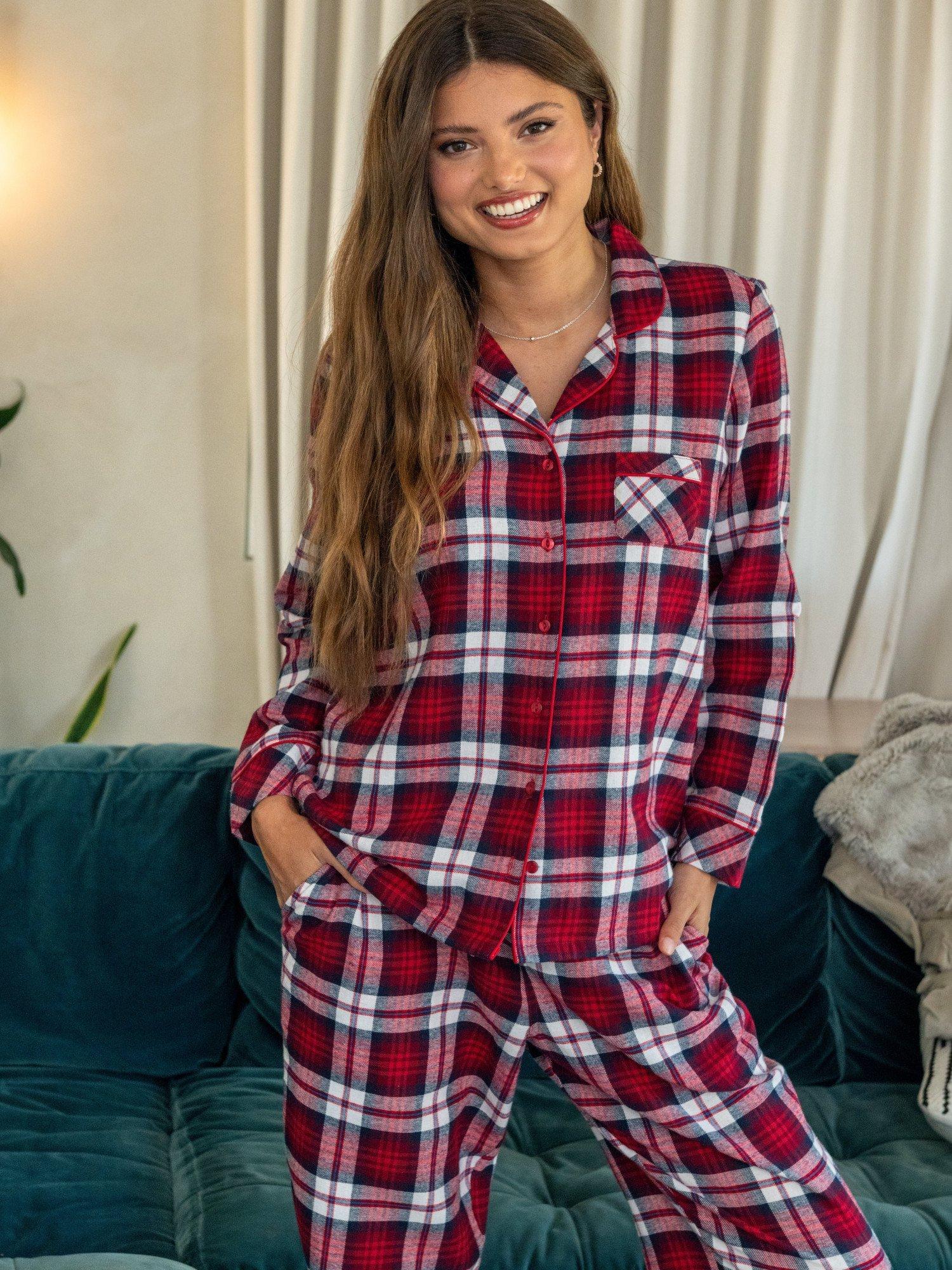 Product image 4 of 9, which shows Pour Moi Cosy Check Brushed Cotton Pyjama Set, Red/Multi, 8