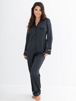 Pour Moi Dusk Satin & Lace Revere Collar Pyjama Set, Black