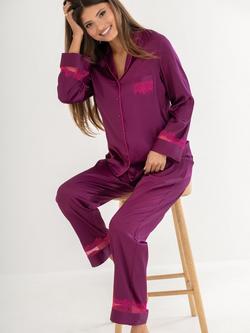 Pour Moi Dusk Satin & Lace Revere Collar Pyjama Set, Berry/Pink