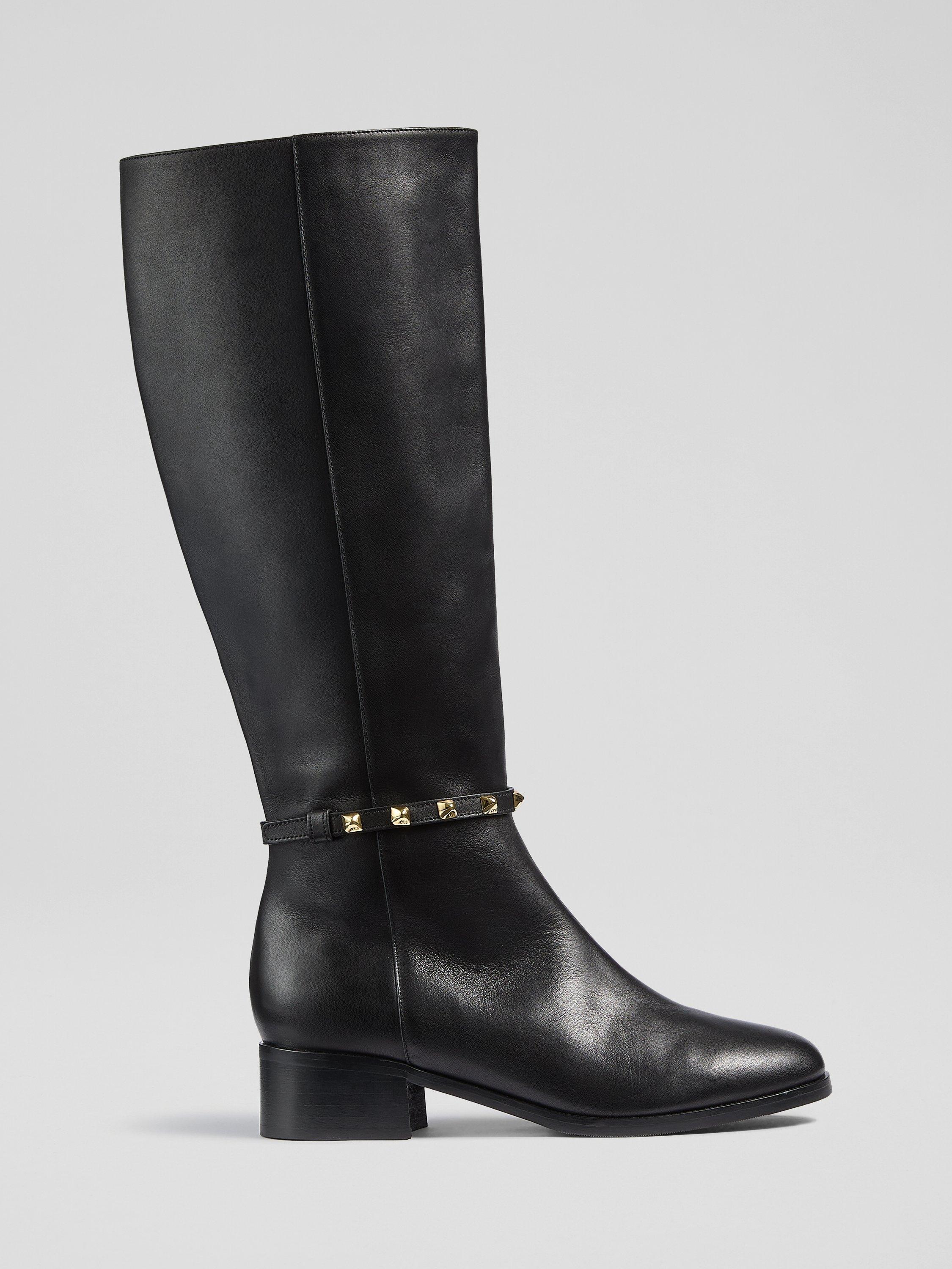 Product image 1 of 3, which shows L.K.Bennett Stevie Leather Stud Knee High Boots, Black, 6