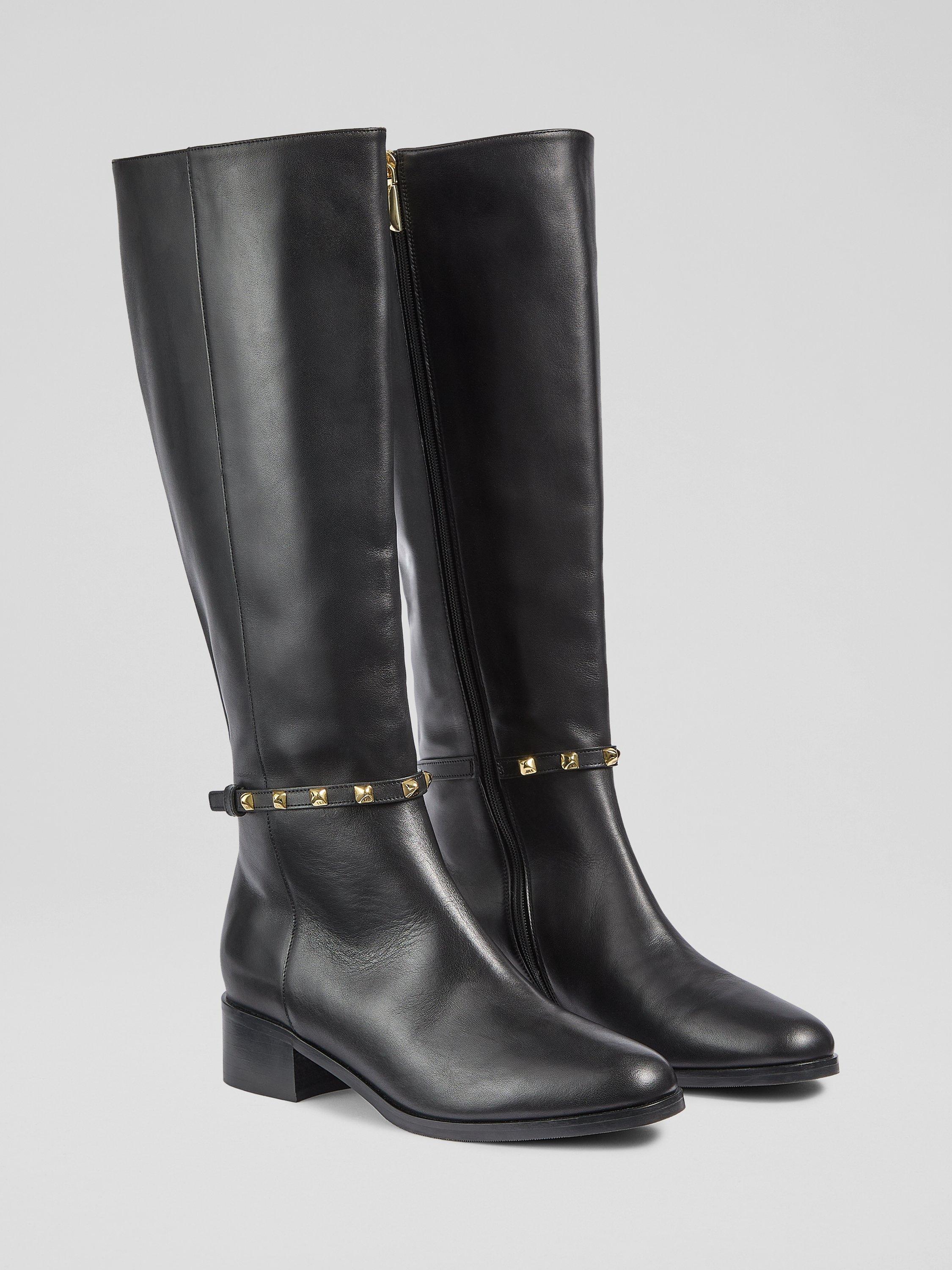 Product image 2 of 3, which shows L.K.Bennett Stevie Leather Stud Knee High Boots, Black, 6